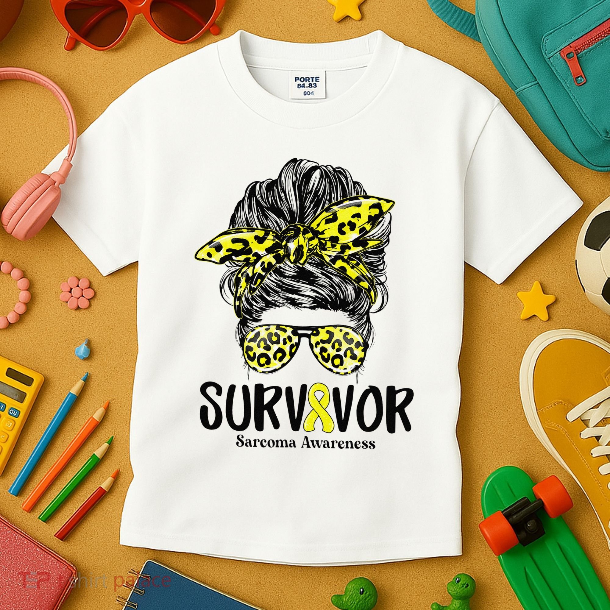 Leopard Messy Bun  Survivor Sarcoma Awareness Kids T-Shirt