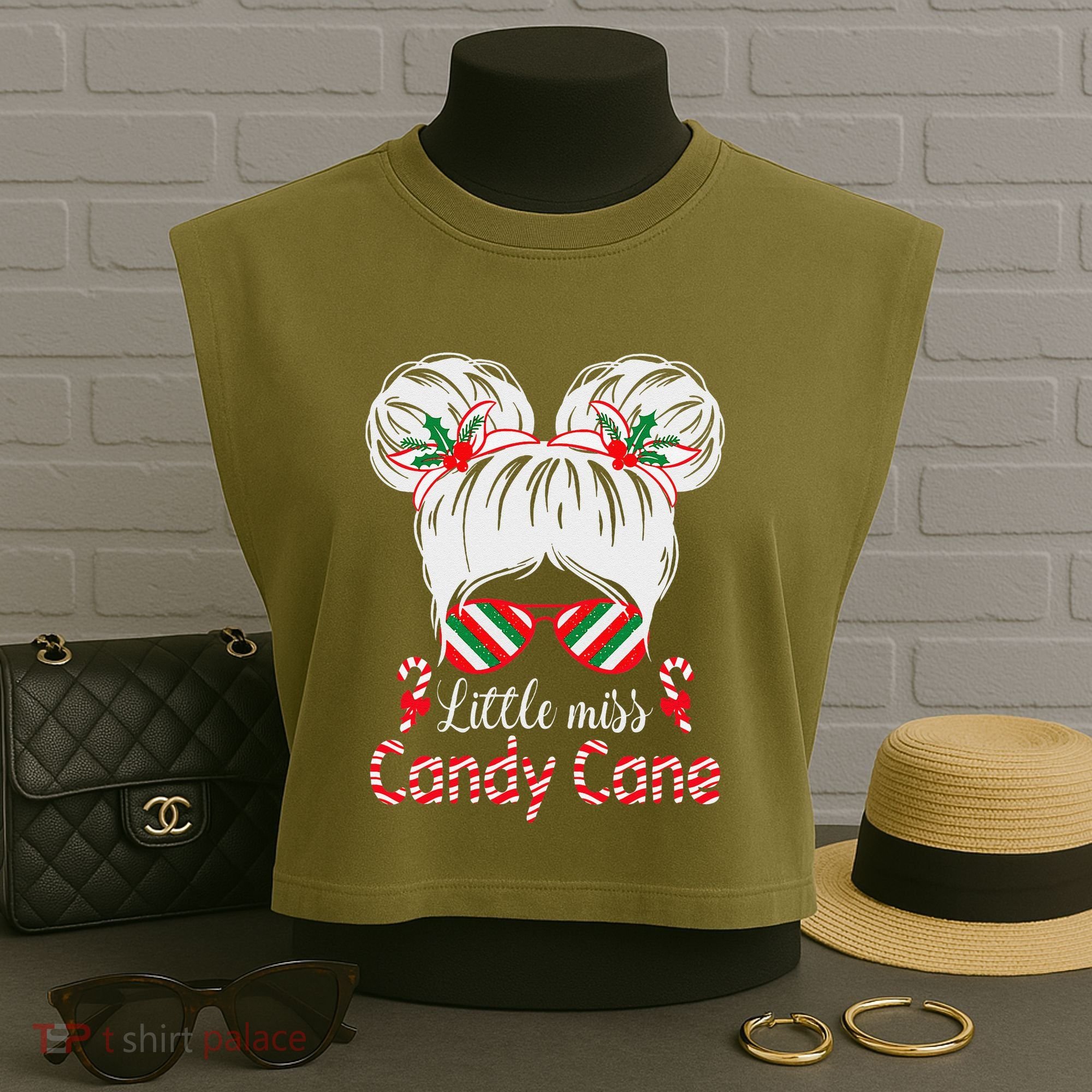 Little Miss Candy Cane Christmas Messy Bungirl Garment-Dyed Women's Muscle Tee