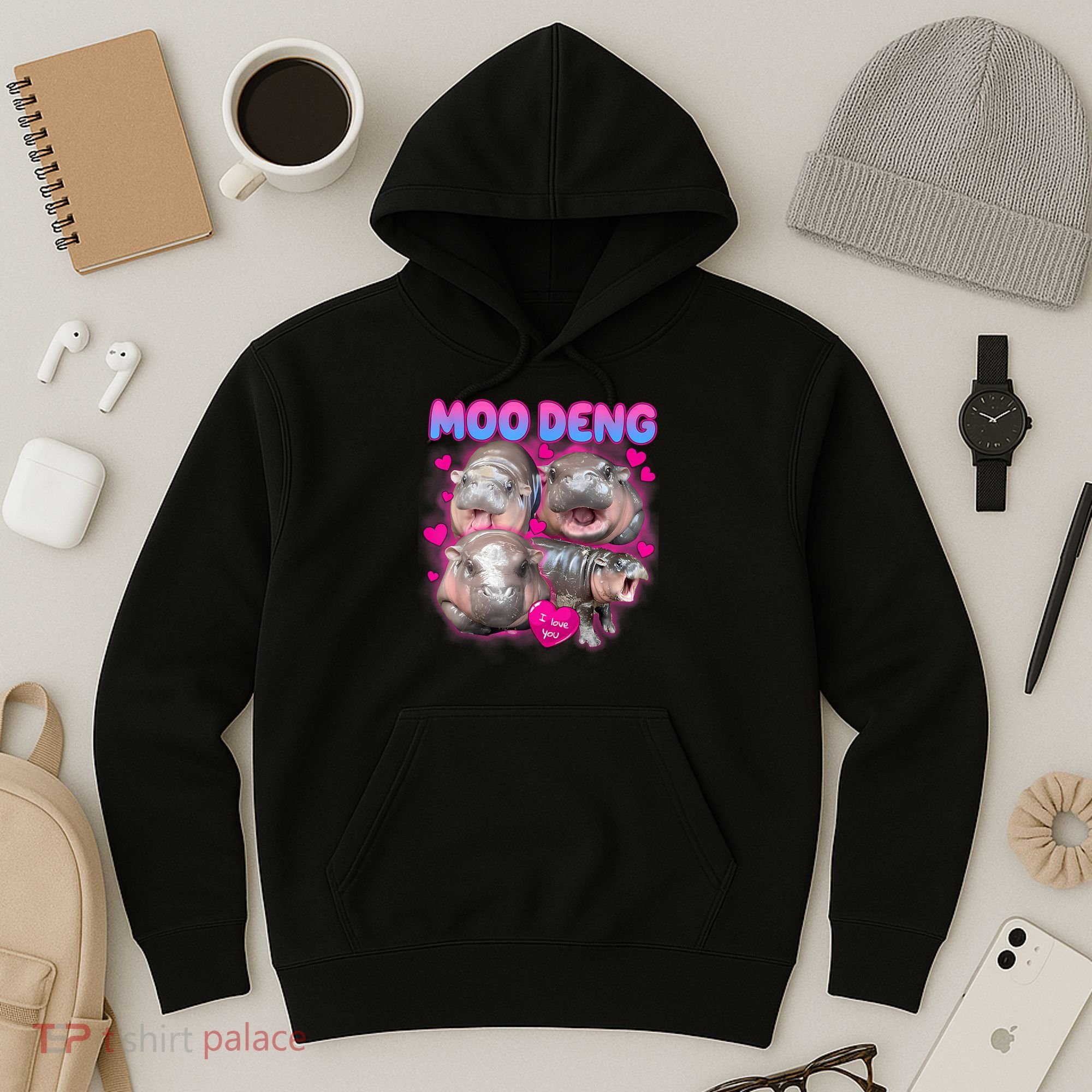 Love Moo Deng Funny Cute Hippo Meme Hoodie