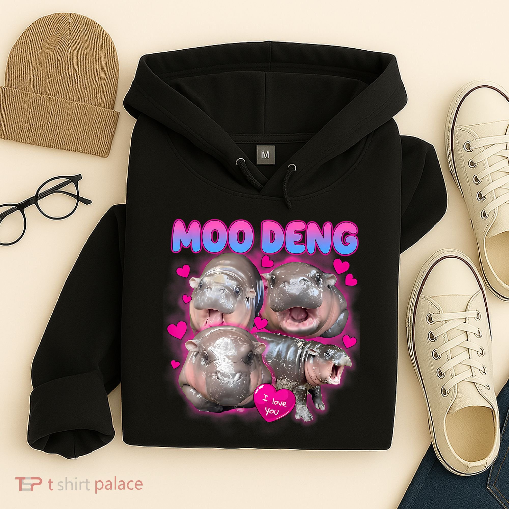Love Moo Deng Funny Cute Hippo Meme Hoodie