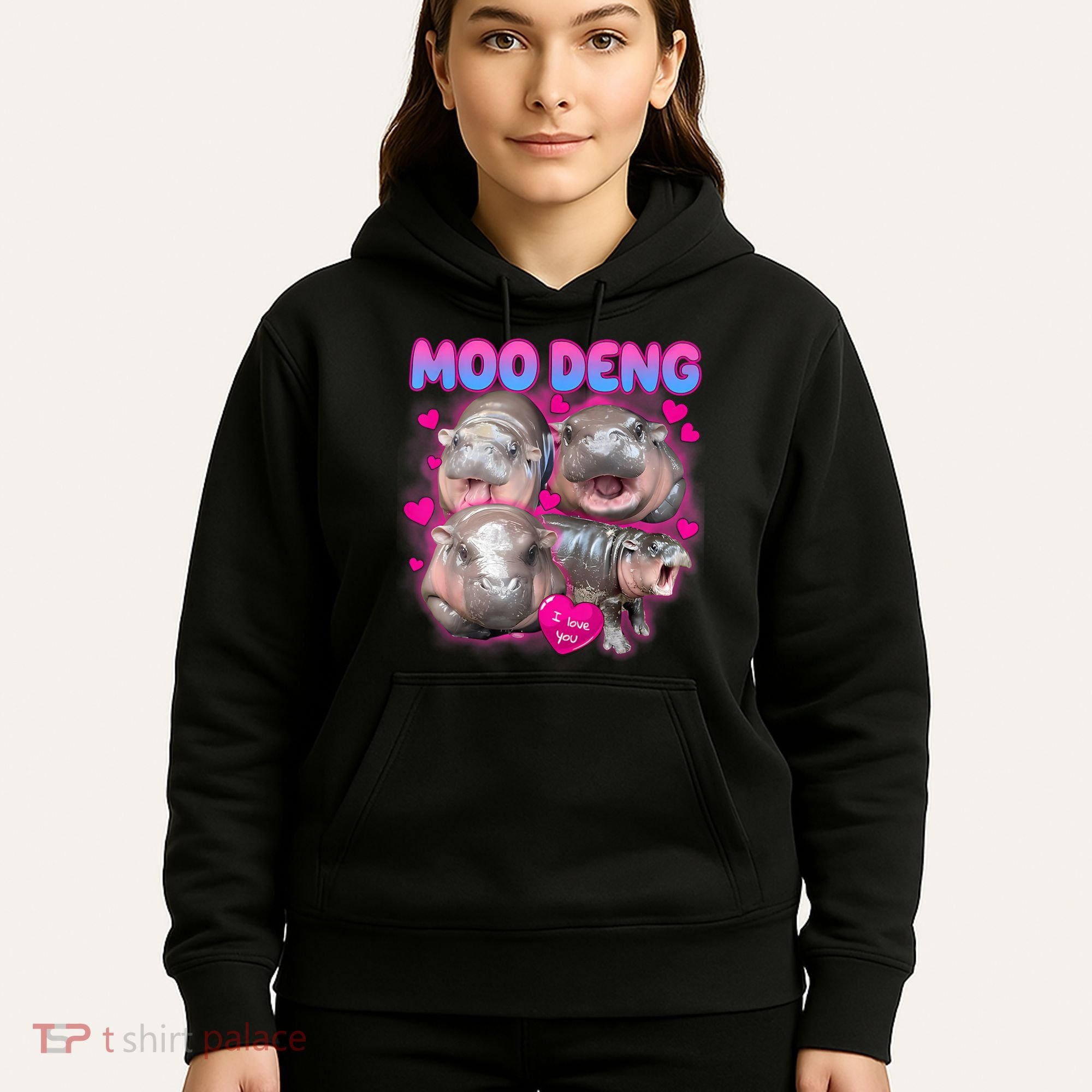 Love Moo Deng Funny Cute Hippo Meme Hoodie