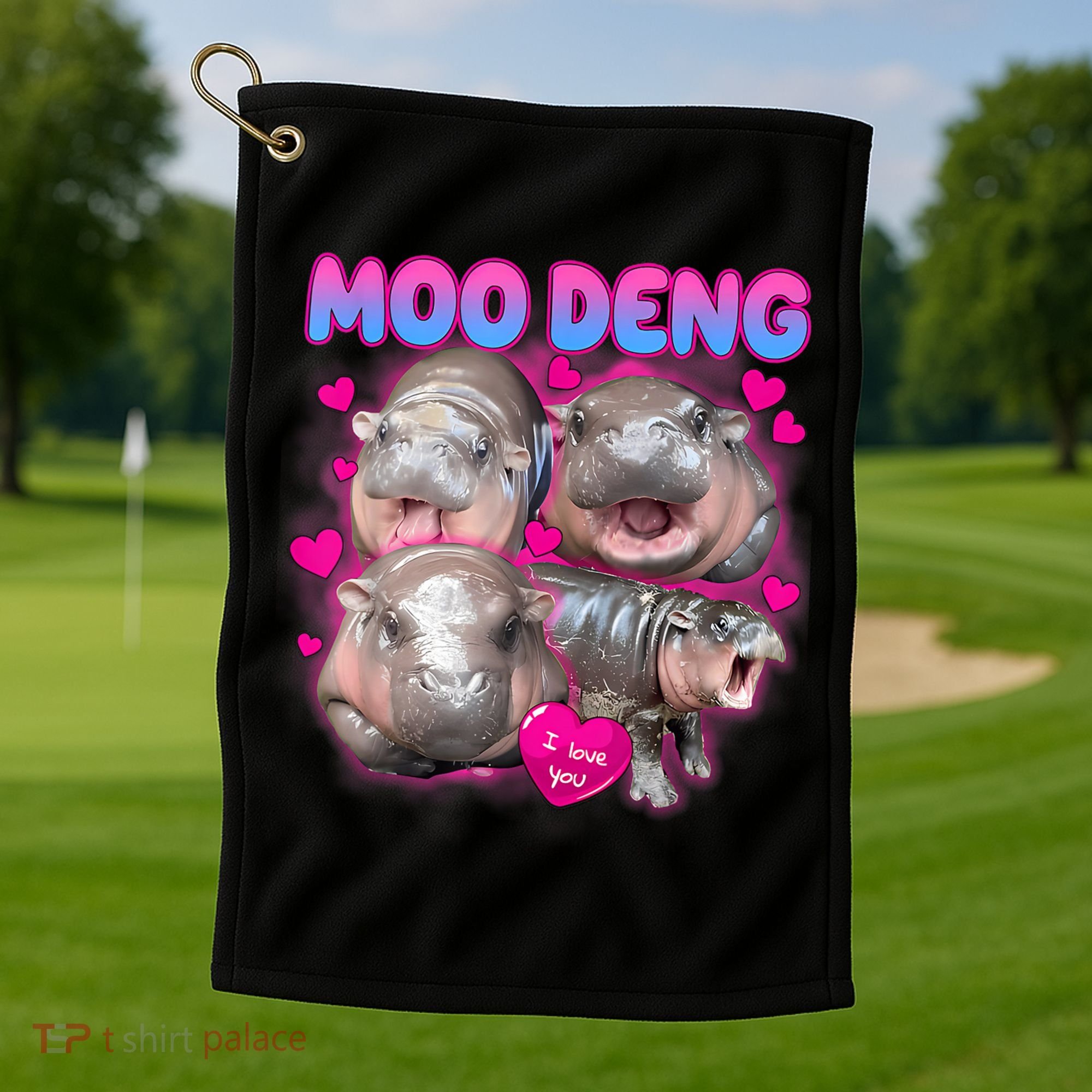 Love Moo Deng Funny Cute Hippo Meme Golf Towel