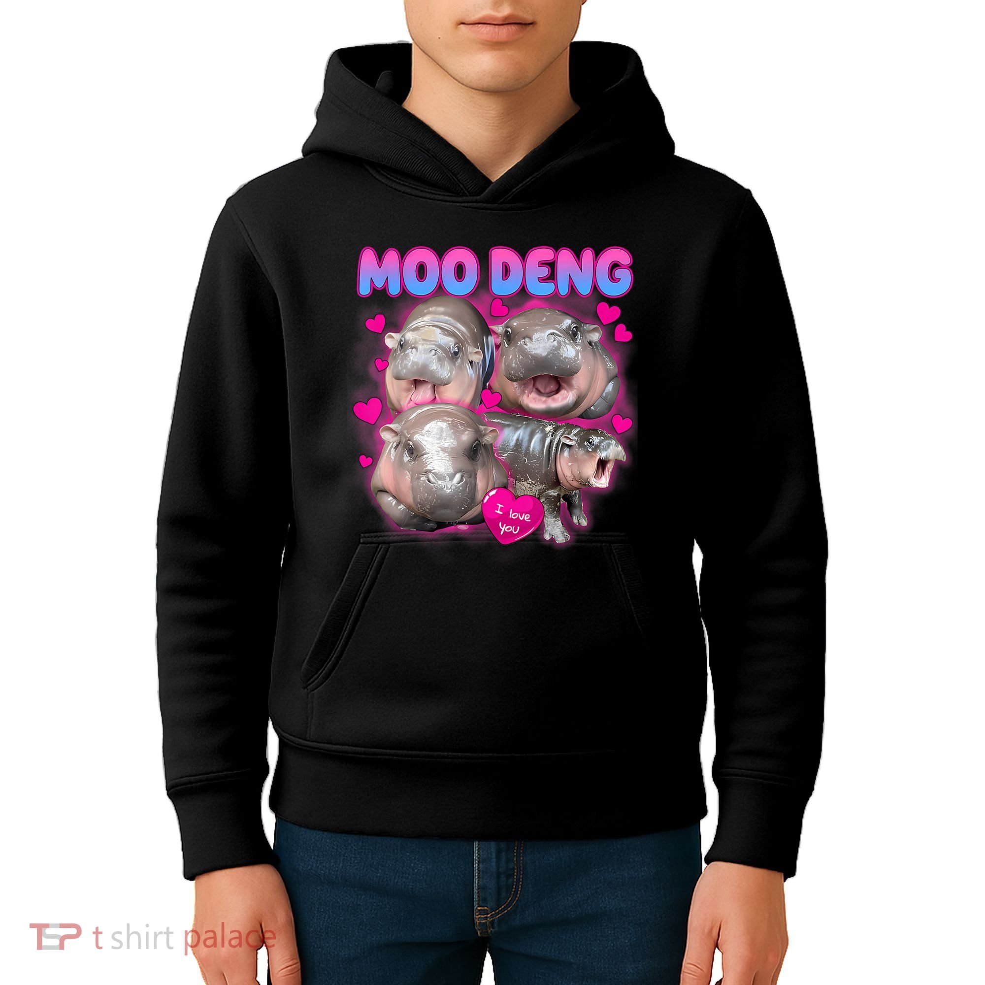 Love Moo Deng Funny Cute Hippo Meme Kids Hoodie
