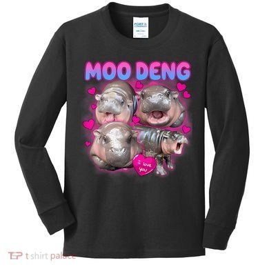 Love Moo Deng Funny Cute Hippo Meme Kids Long Sleeve Shirt