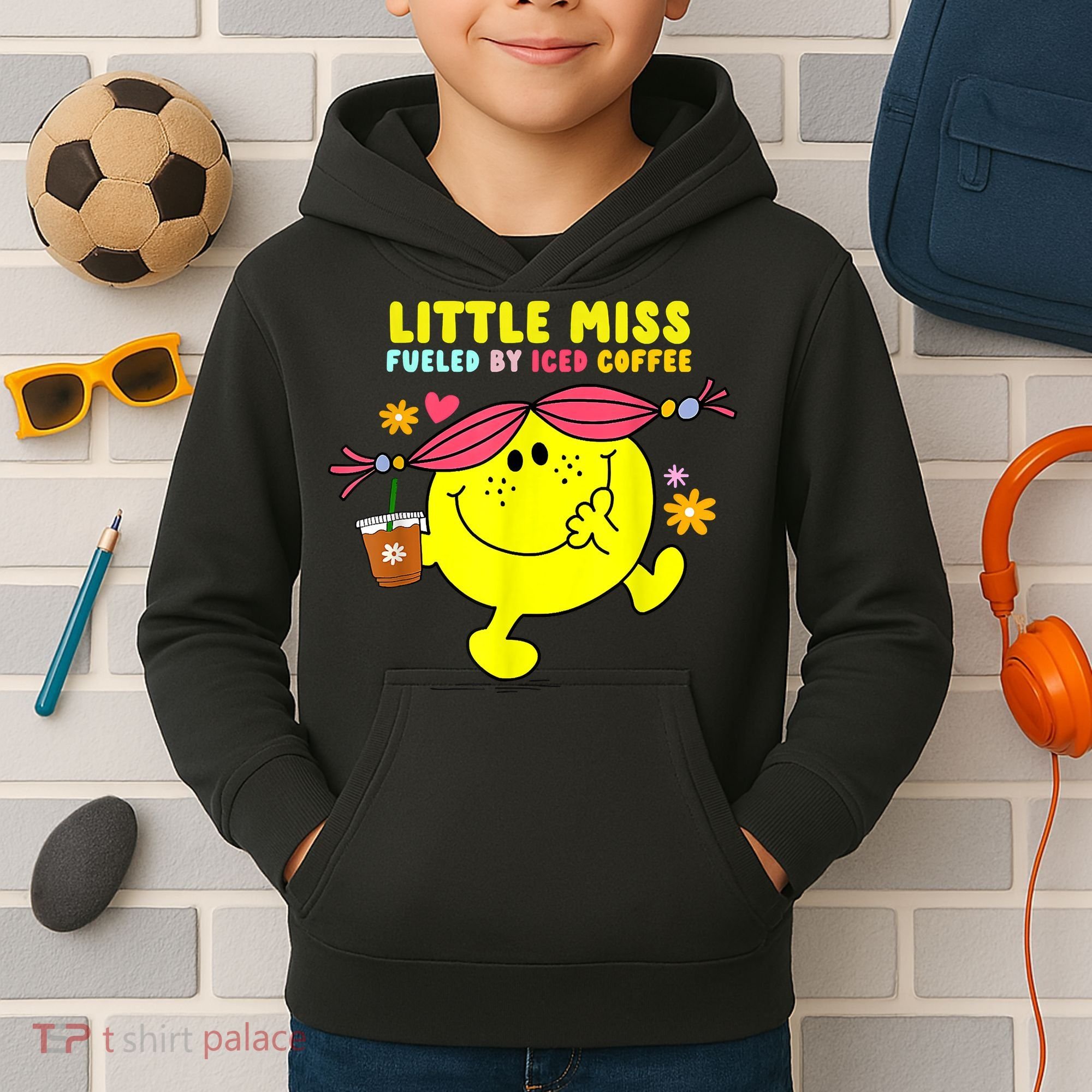 Little Miss Fueled By Iced Coffee Funny Coffee Drinking Kids Hoodie
