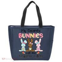 Leopard My Favorite Bunnies Call Me Lunch Lady Easter Day Tote Bag thumb 0