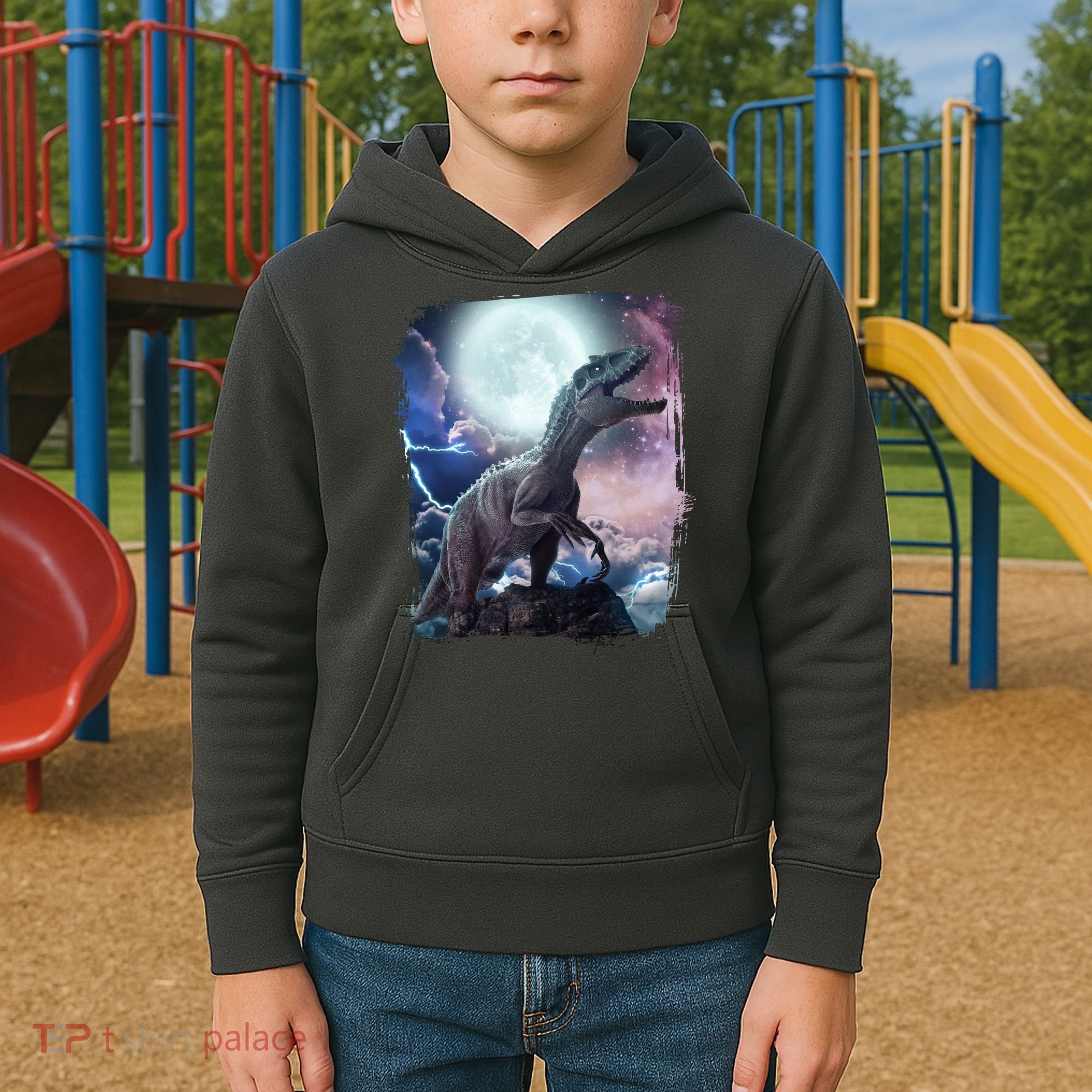 Lightning Moon Galaxy Trex Dinosaur Kids Hoodie