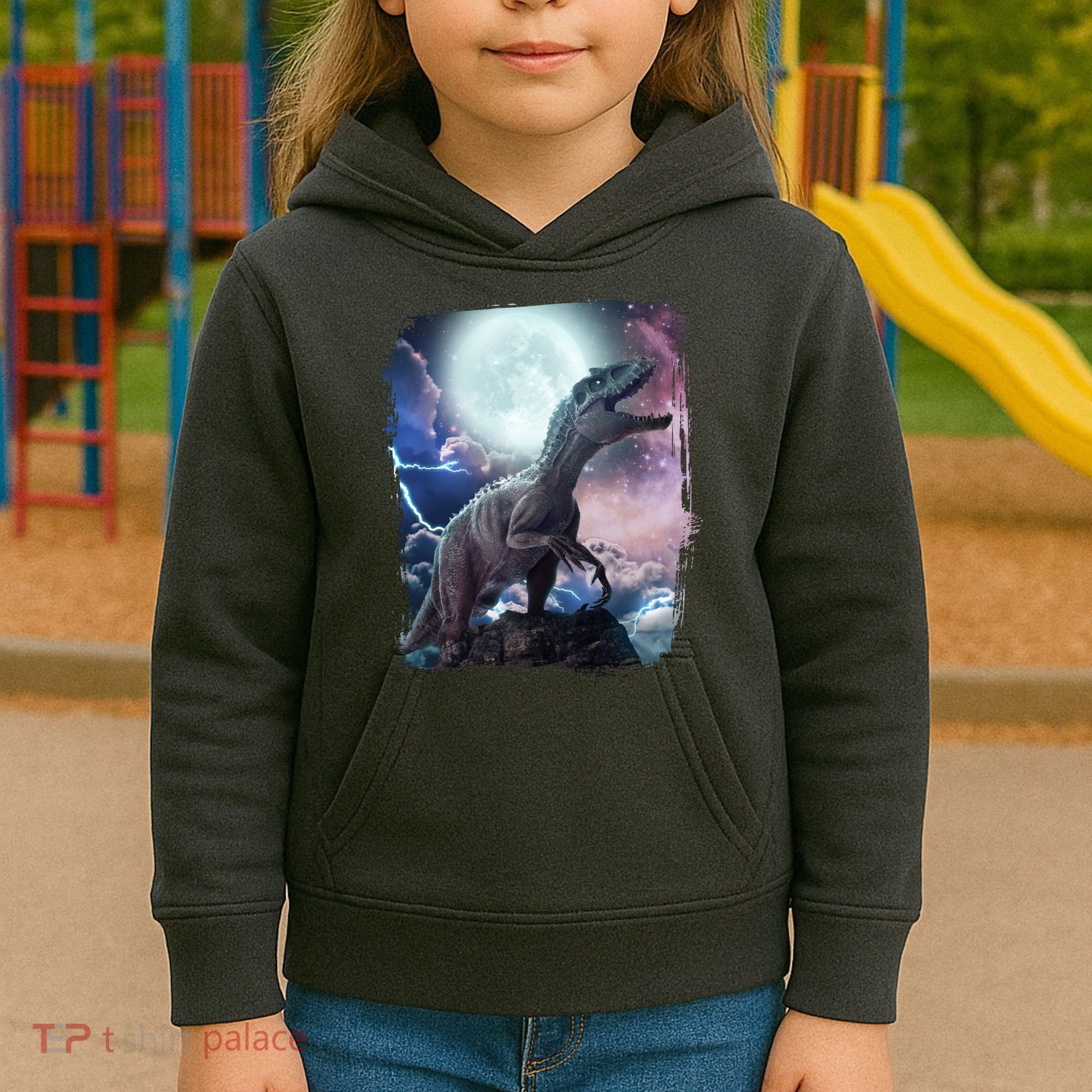 Lightning Moon Galaxy Trex Dinosaur Kids Hoodie