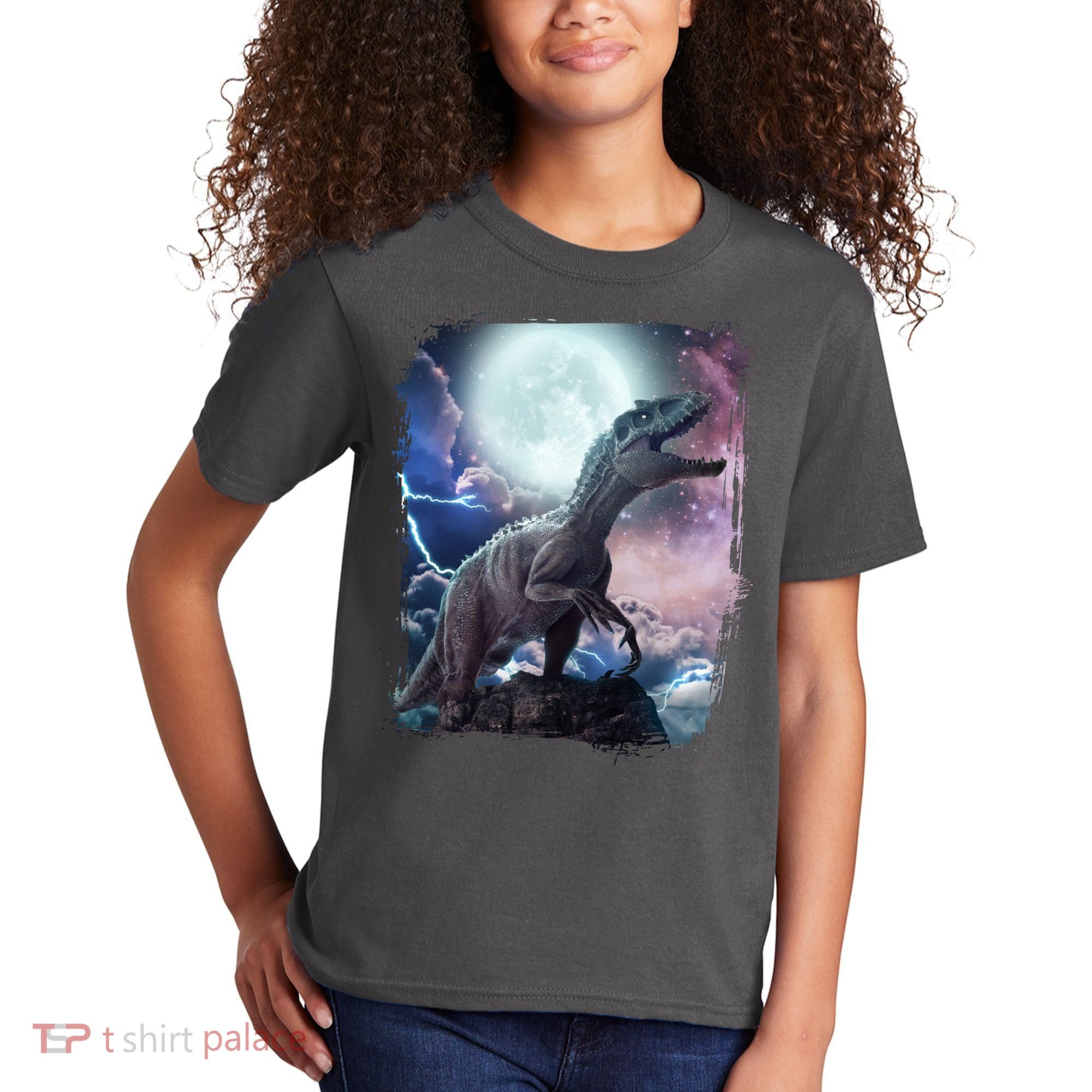 Lightning Moon Galaxy Trex Dinosaur Kids T-Shirt