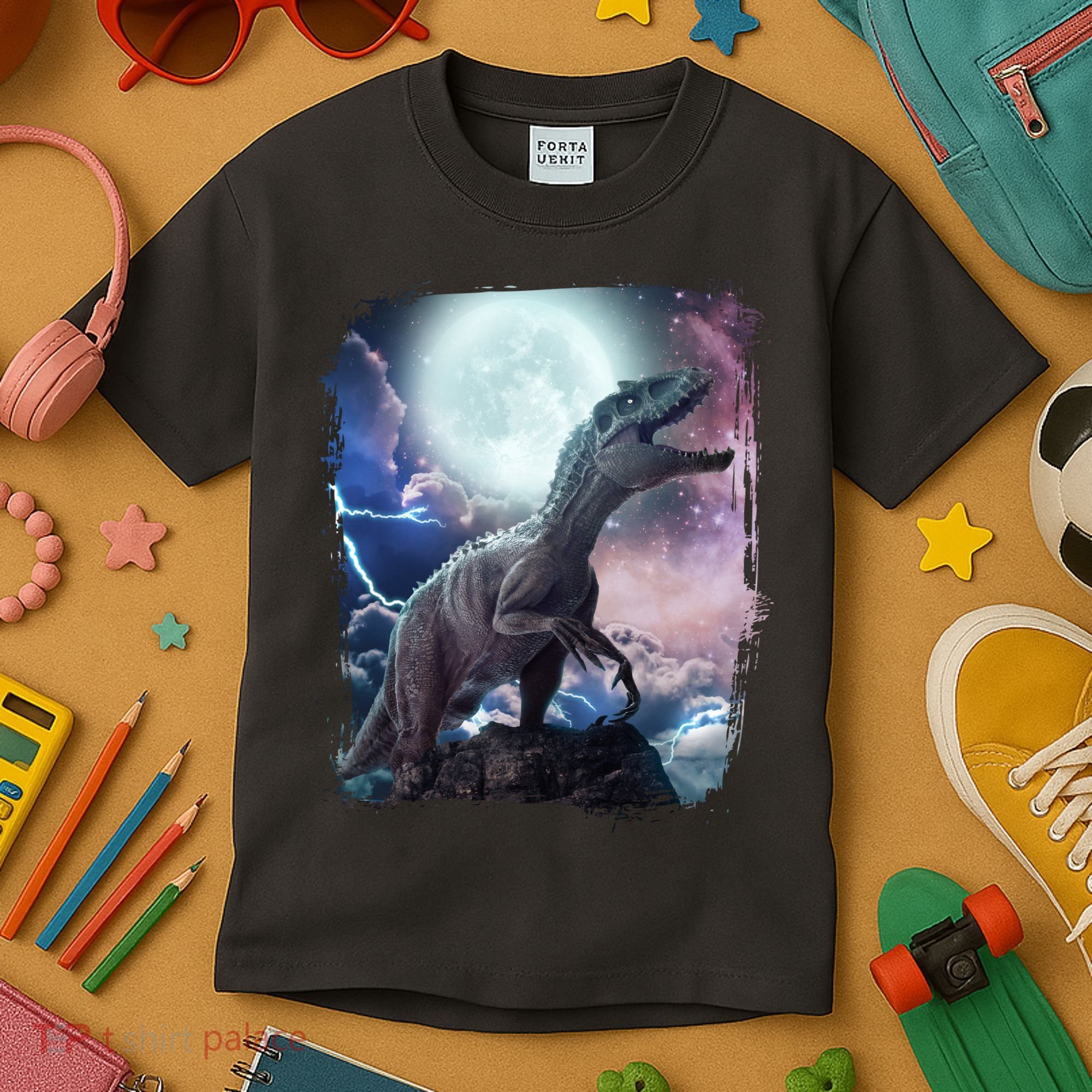 Lightning Moon Galaxy Trex Dinosaur Kids T-Shirt