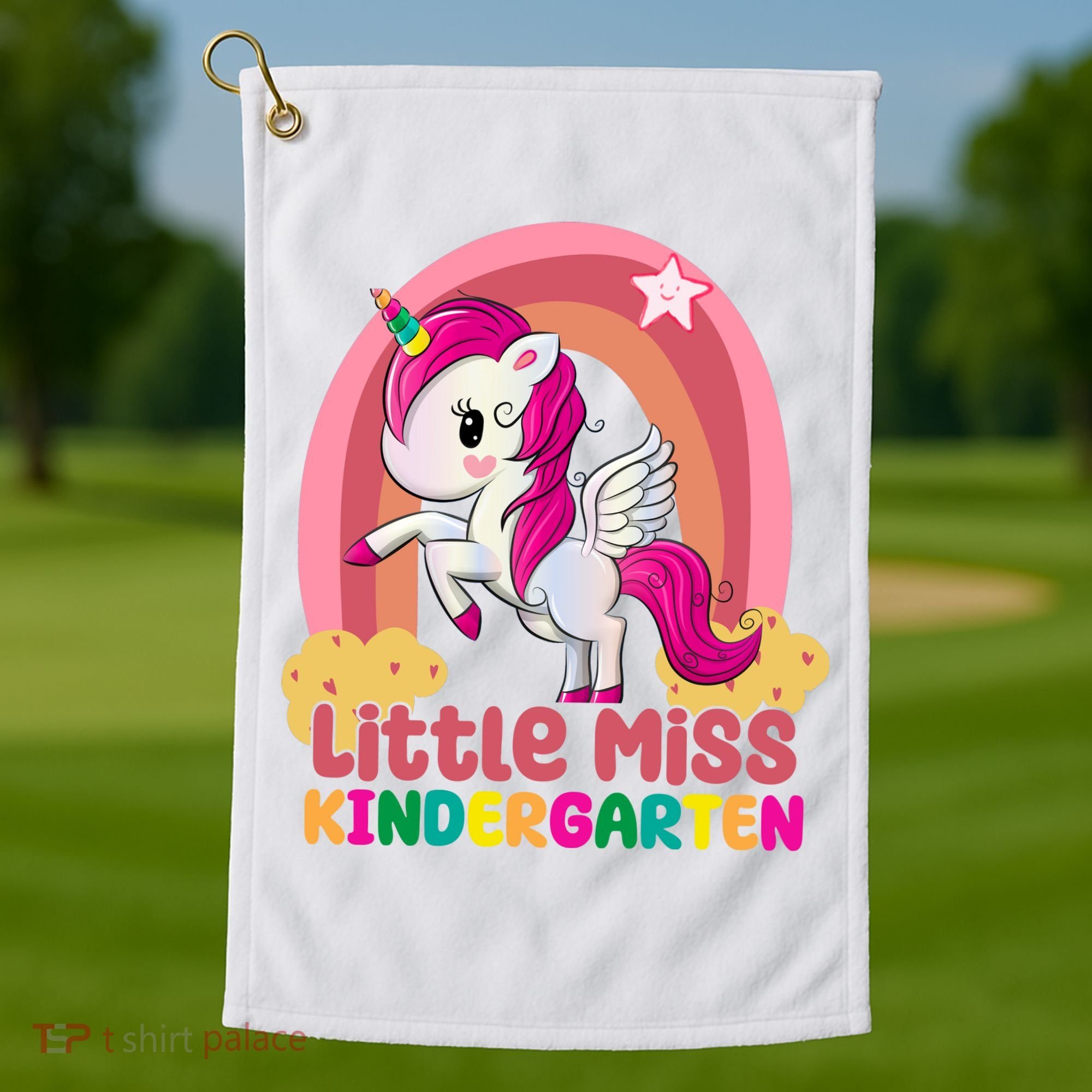 Little Miss Kindergarten Rainbow Unicorn Golf Towel