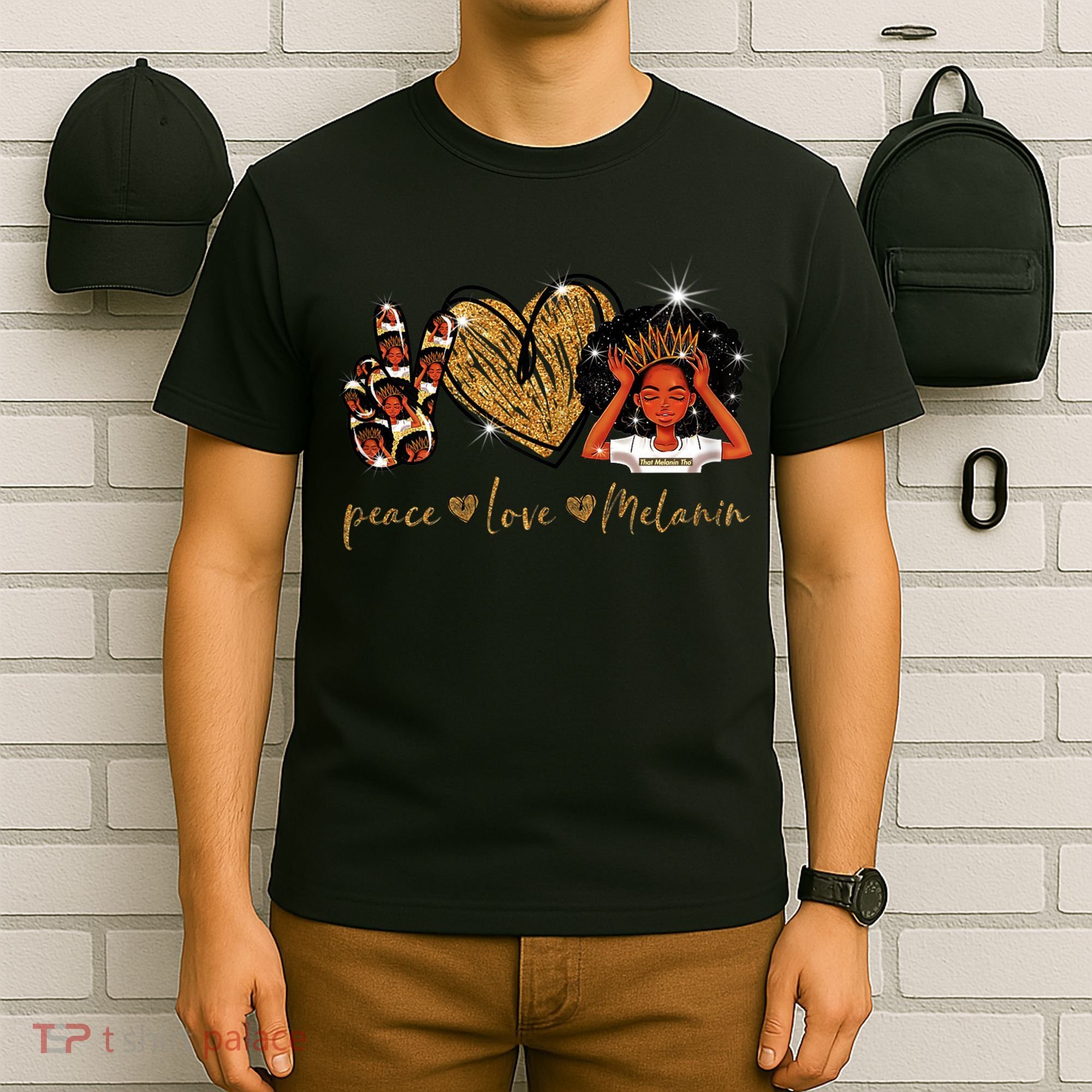 Love My Melanin Gift Black Owned Business Peace Love Melanin Gift T-Shirt