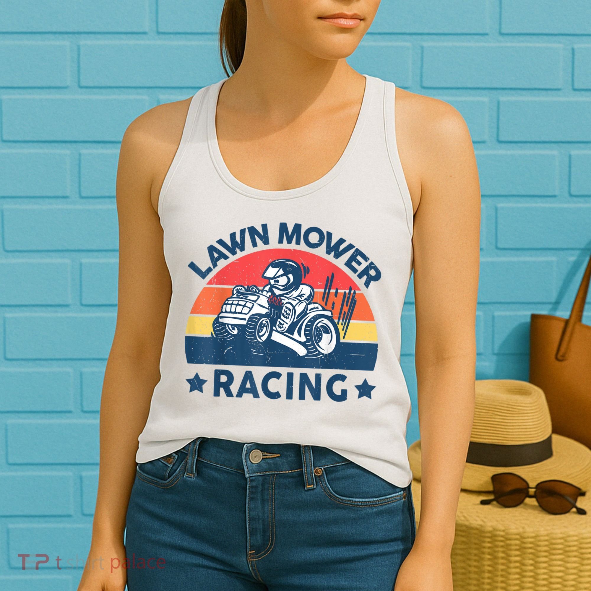 Lawn Mower Racing Lawn Mowing Funny Landscaping Women's Tank Top