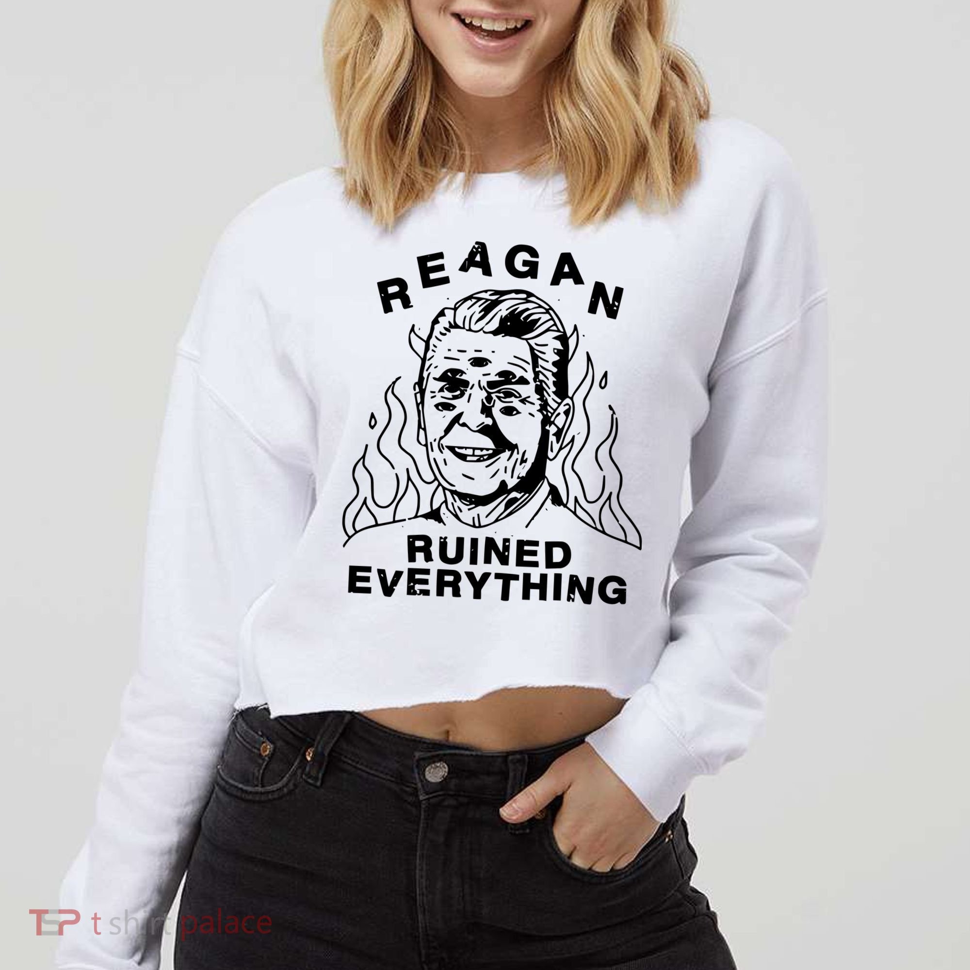 Leeja Miller Reagan Ruined Everything Cropped Pullover Crew
