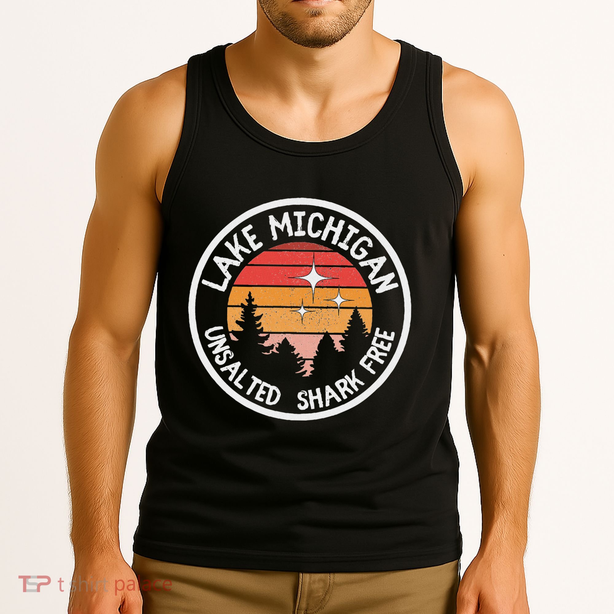 Lake Michigan Retro Unsalted Shark Free Lake Mi Vacation Tank Top