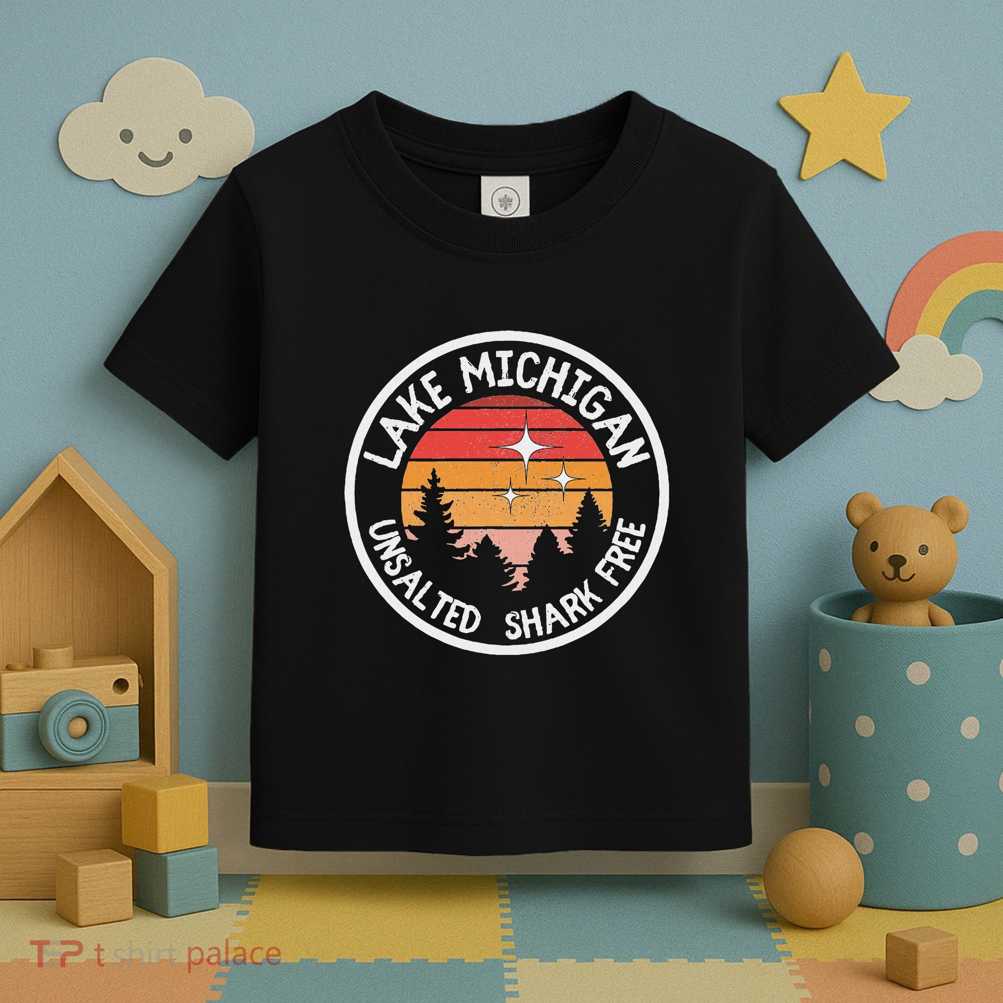 Lake Michigan Retro Unsalted Shark Free Lake Mi Vacation Toddler T-Shirt