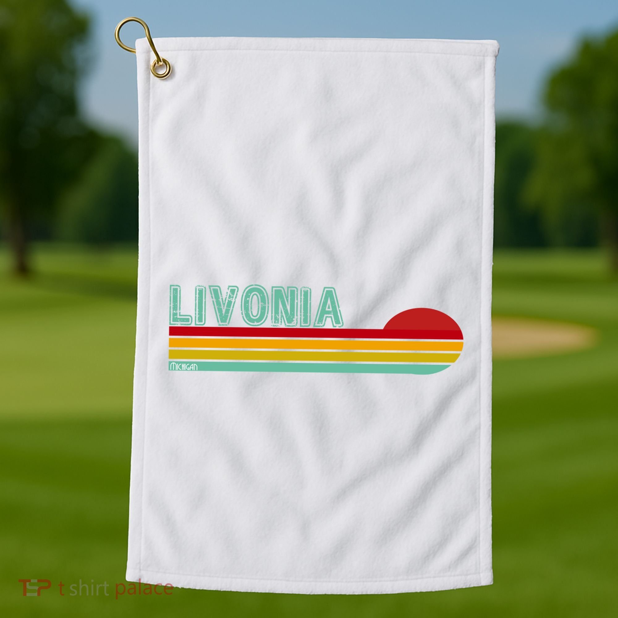 Livonia Michigan Retro Sunset Logo Golf Towel