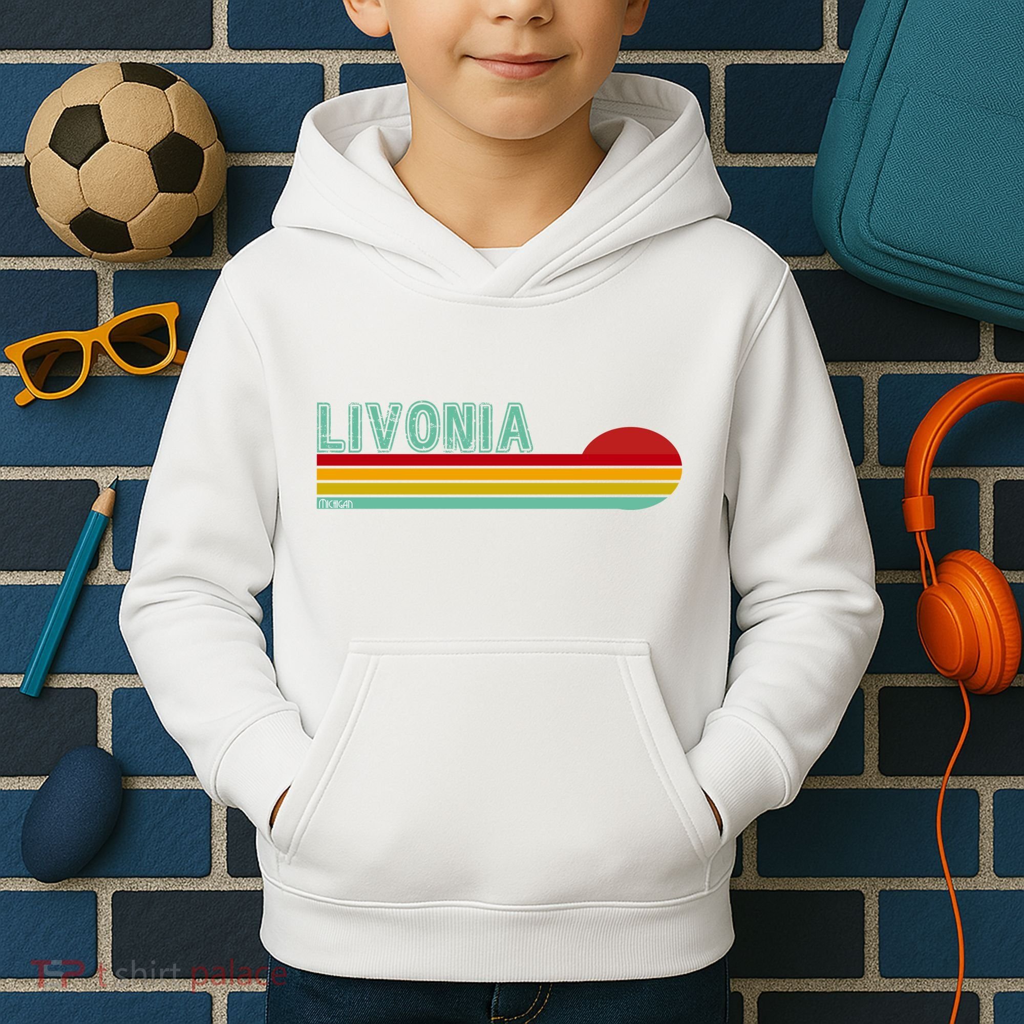 Livonia Michigan Retro Sunset Logo Kids Hoodie