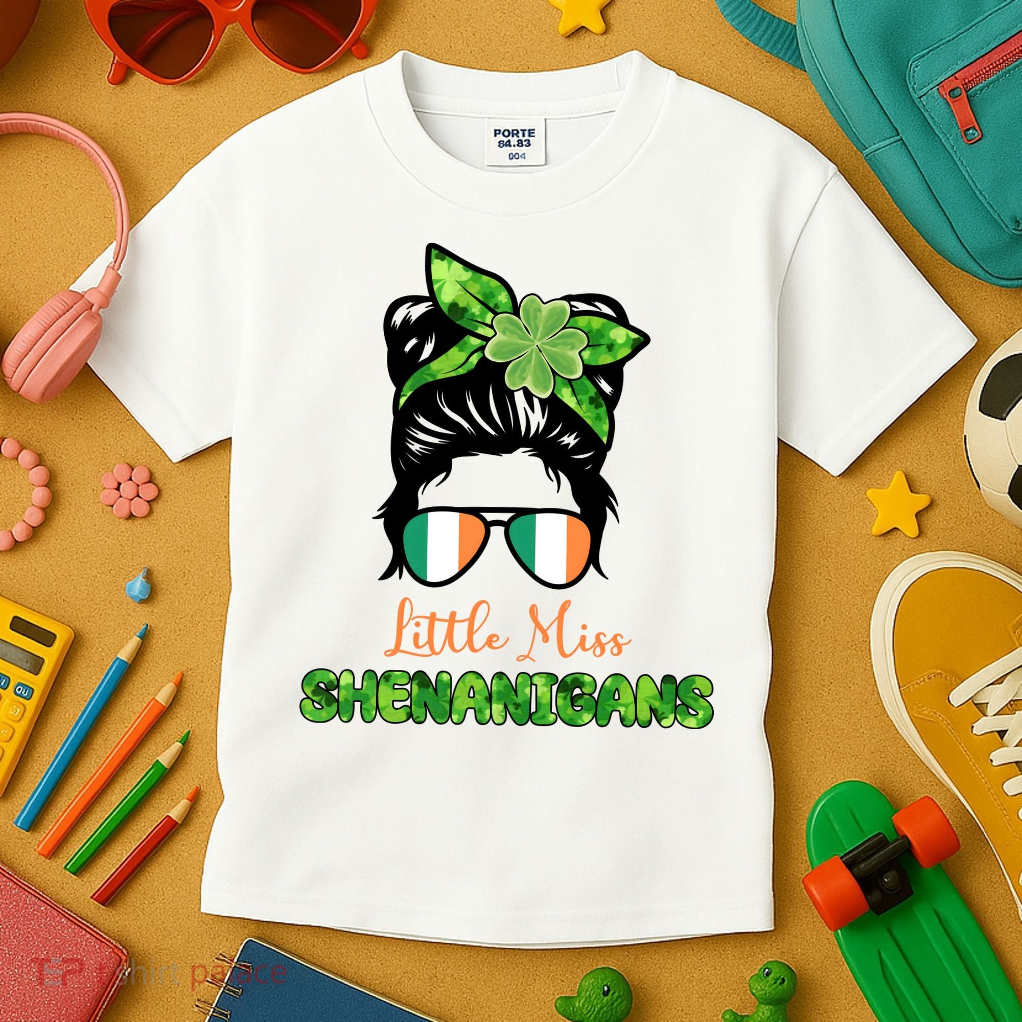Little Miss Shenanigans Hair Bun St Patrick's Day Kids T-Shirt