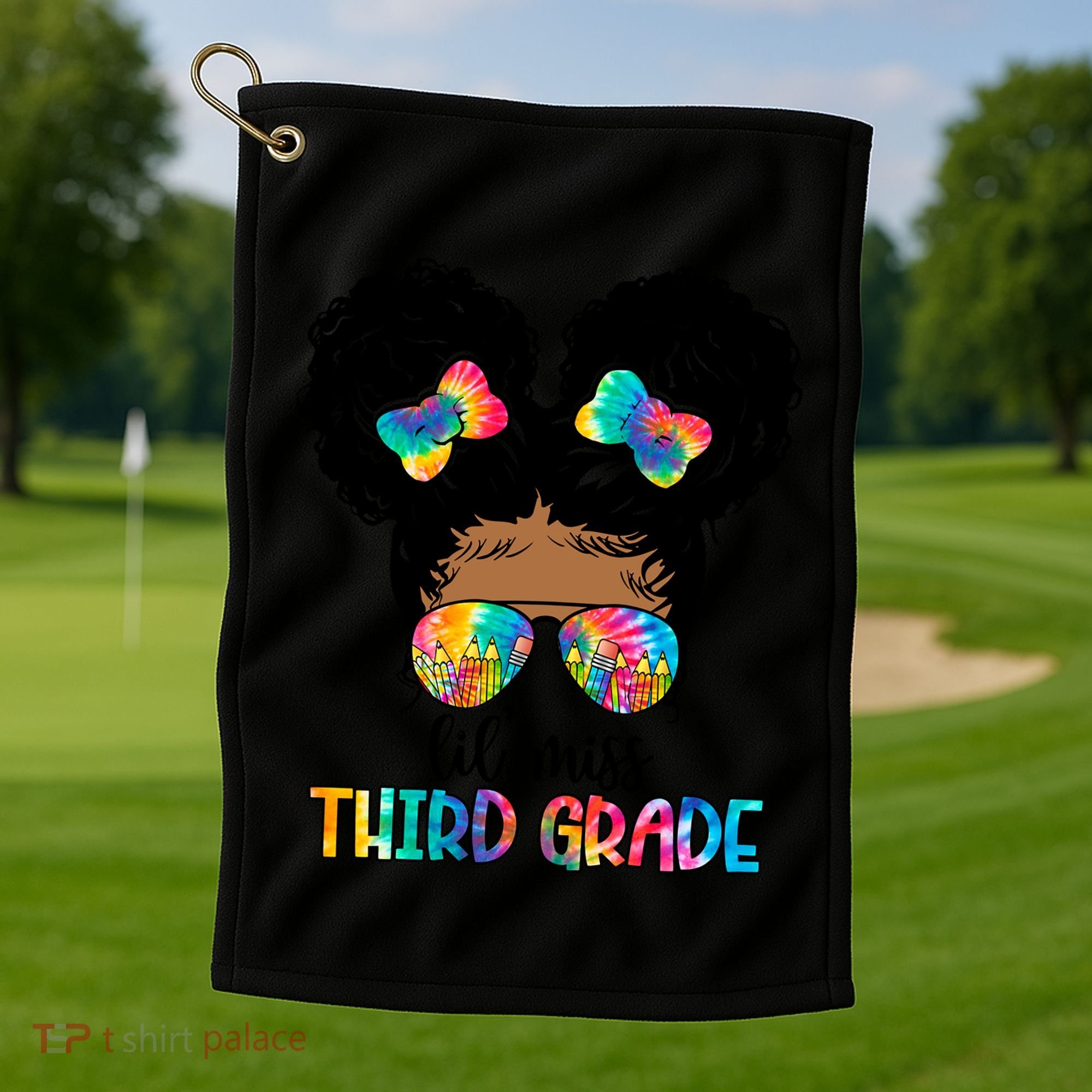 Lil Miss Third Grade Messy Bun Tie Dye African Afro Gift Golf Towel