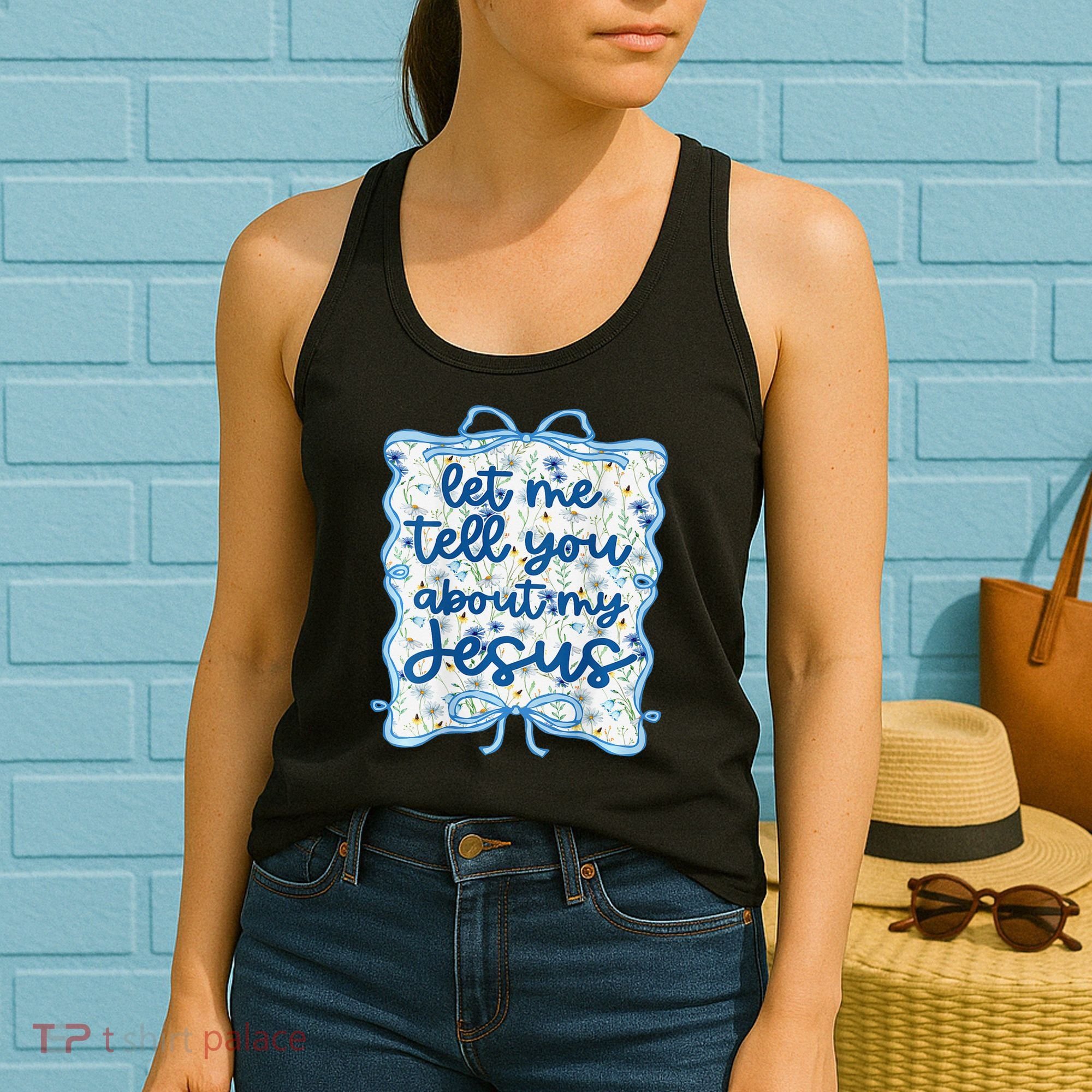 Let Me Tell You About My Jesus Blue Coquette Bow Christian Women's Tank Top