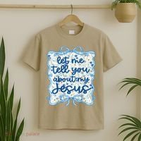 Let Me Tell You About My Jesus Blue Coquette Bow Christian T-Shirt thumb 2
