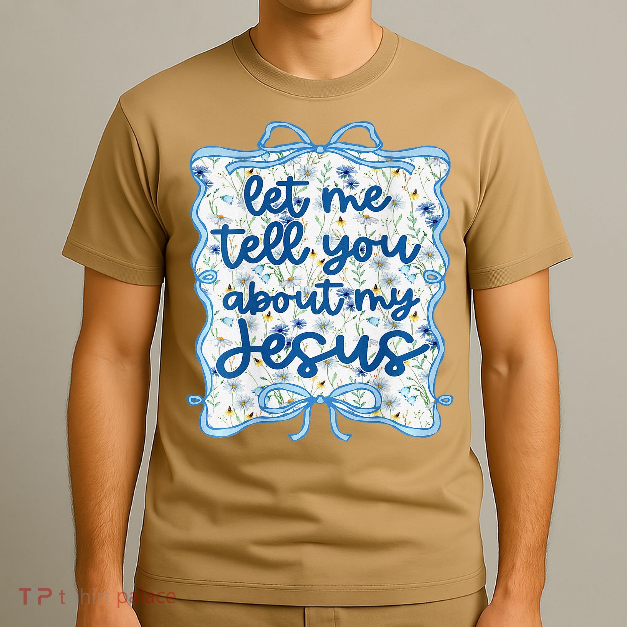Let Me Tell You About My Jesus Blue Coquette Bow Christian T-Shirt