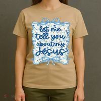Let Me Tell You About My Jesus Blue Coquette Bow Christian T-Shirt thumb 4