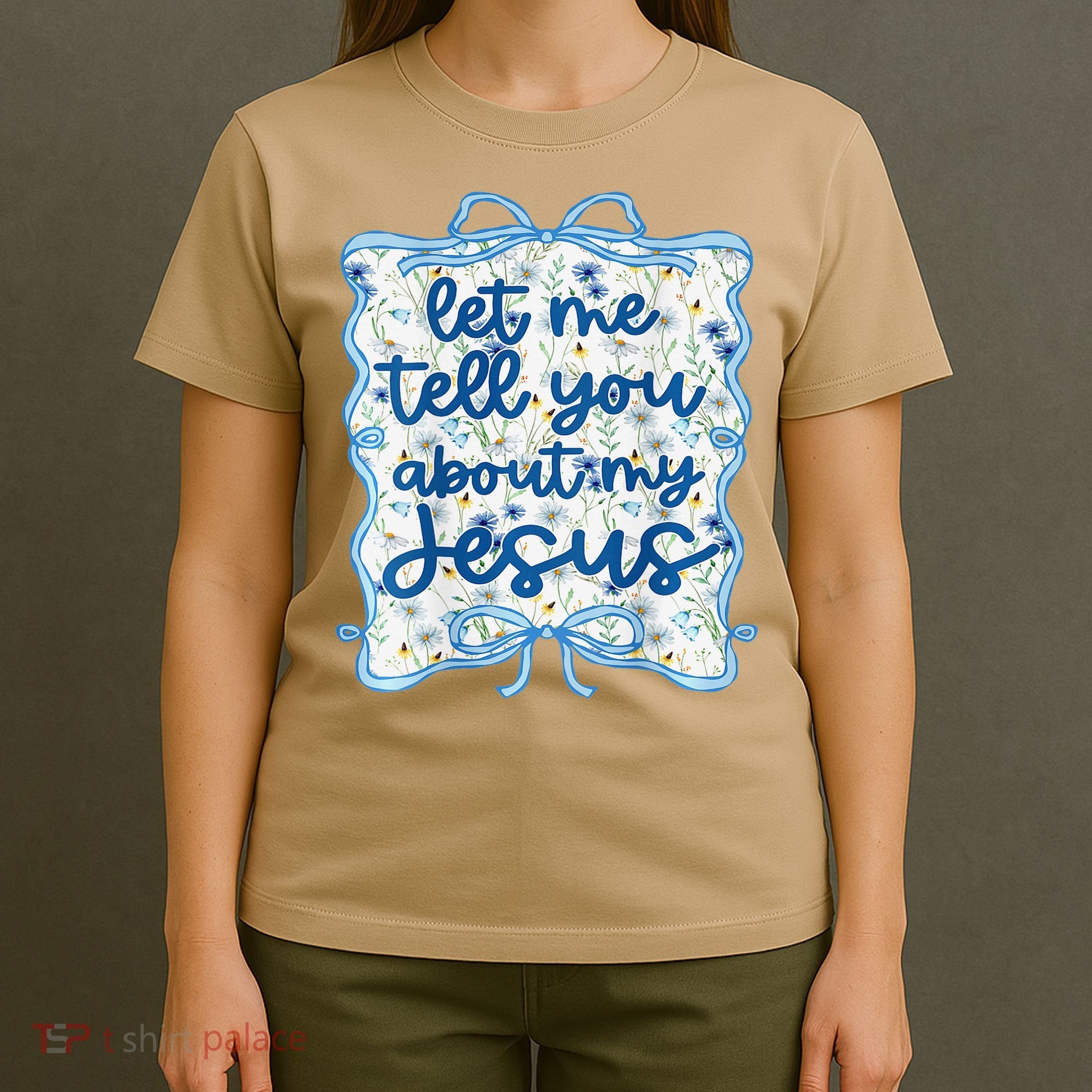 Let Me Tell You About My Jesus Blue Coquette Bow Christian T-Shirt