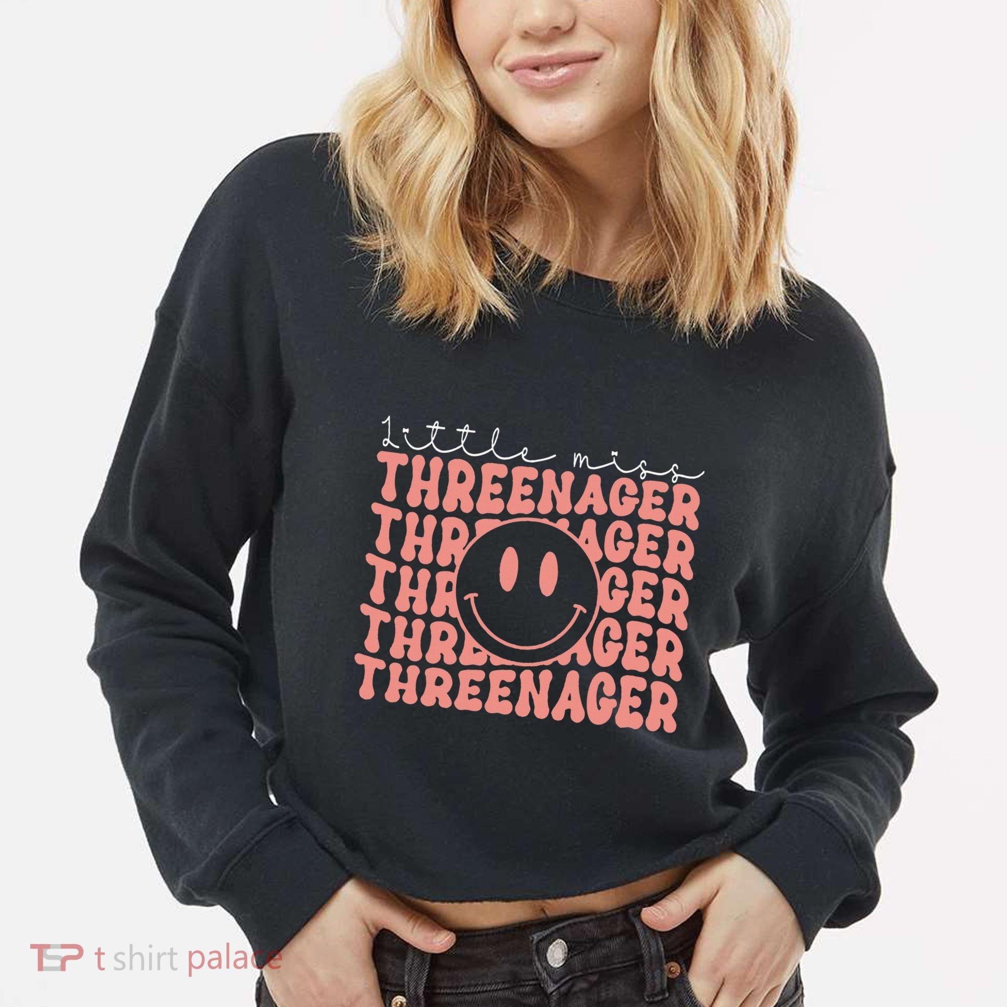 Little Miss Threenager 3rd birthday Boho Cute Cropped Pullover Crew