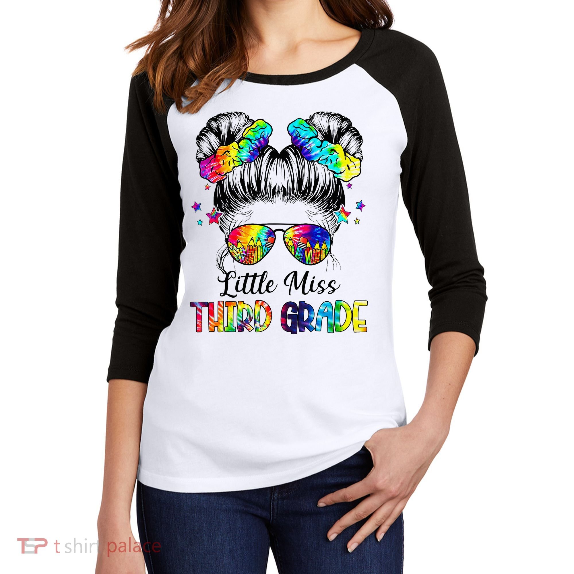 Little Miss Third Grade Messy Bun Back To School Women's Tri-Blend 3/4-Sleeve Raglan Shirt