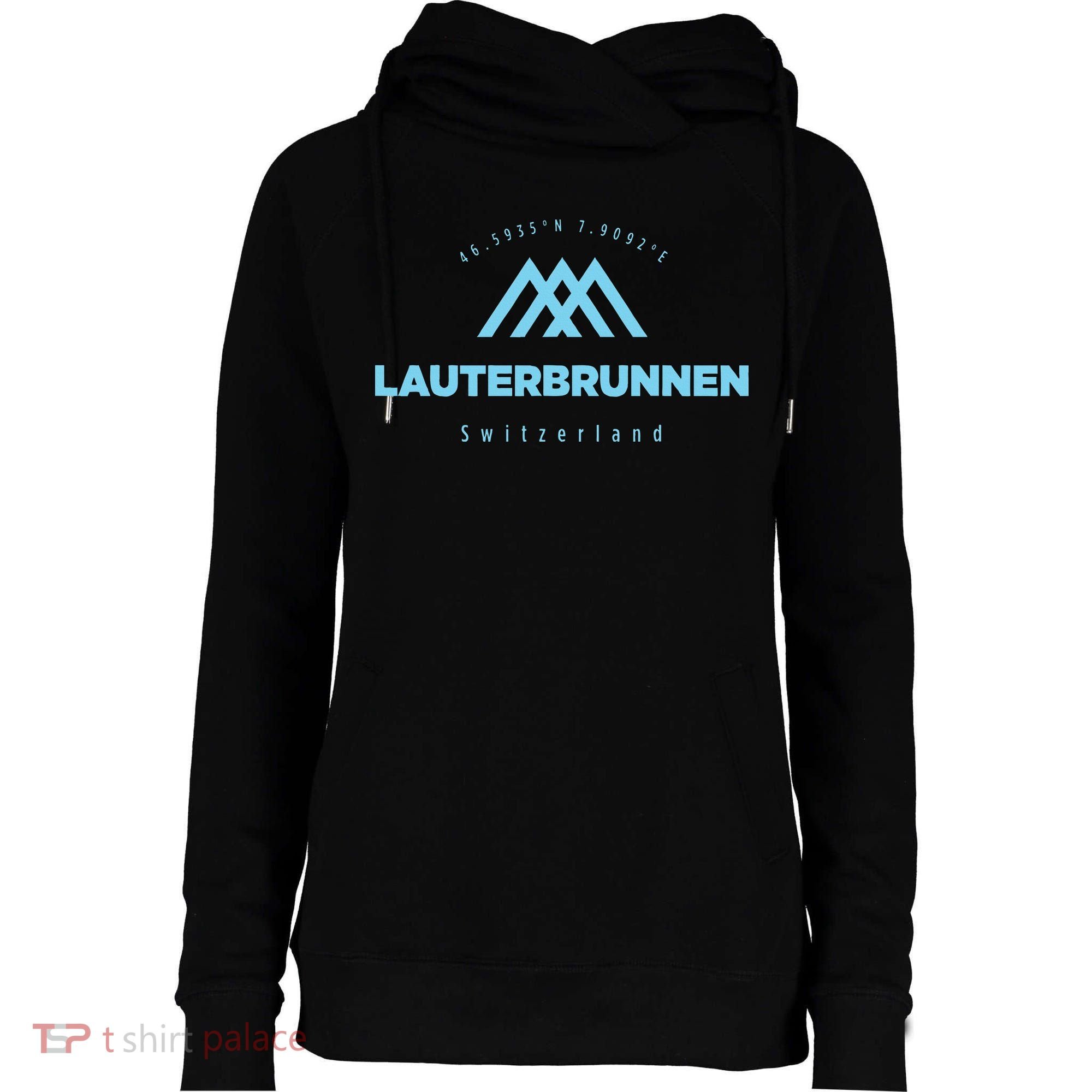 Lauterbrunnen Mountain Vacation Skiing Switzerland Womens Funnel Neck Pullover Hood