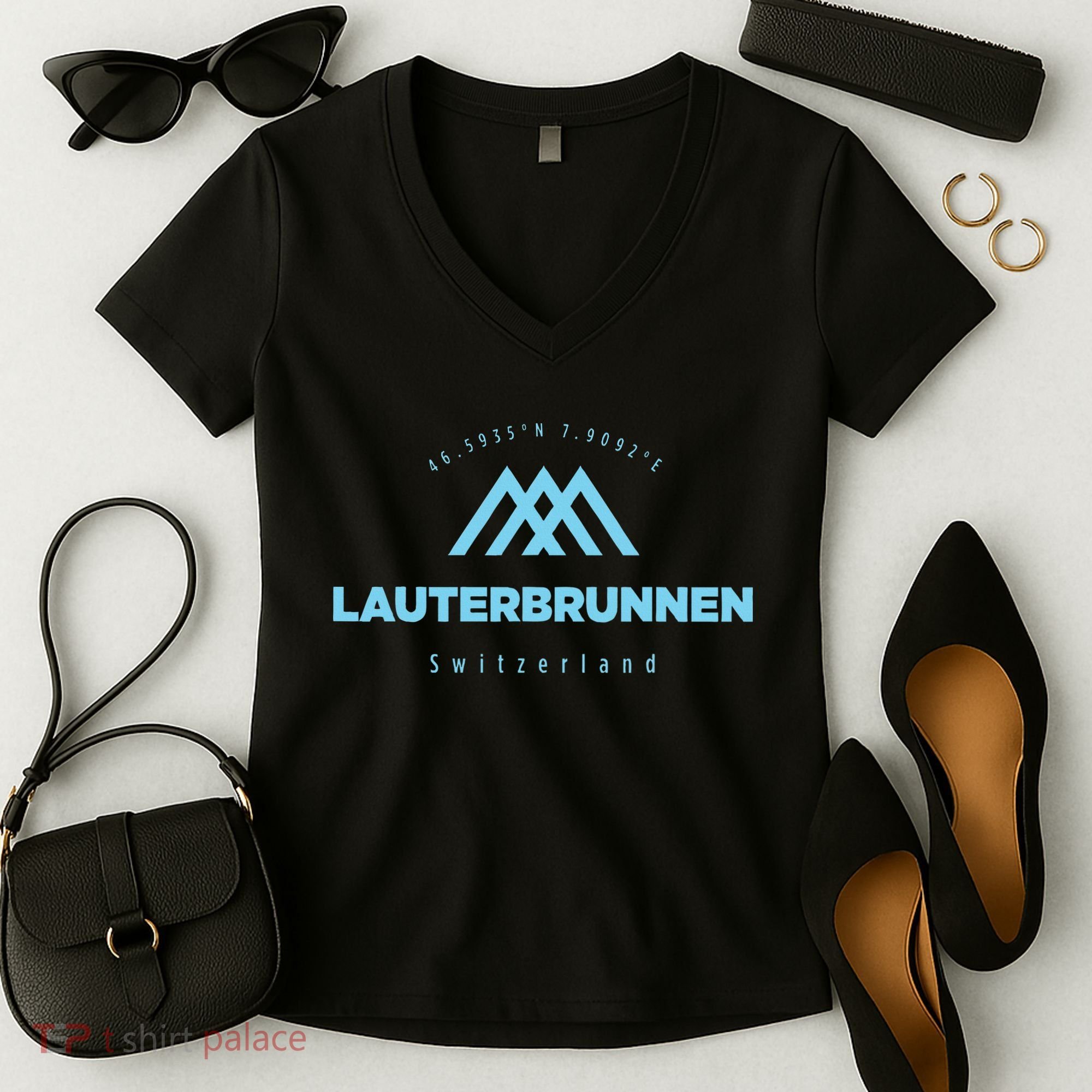 Lauterbrunnen Mountain Vacation Skiing Switzerland Women's V-Neck T-Shirt