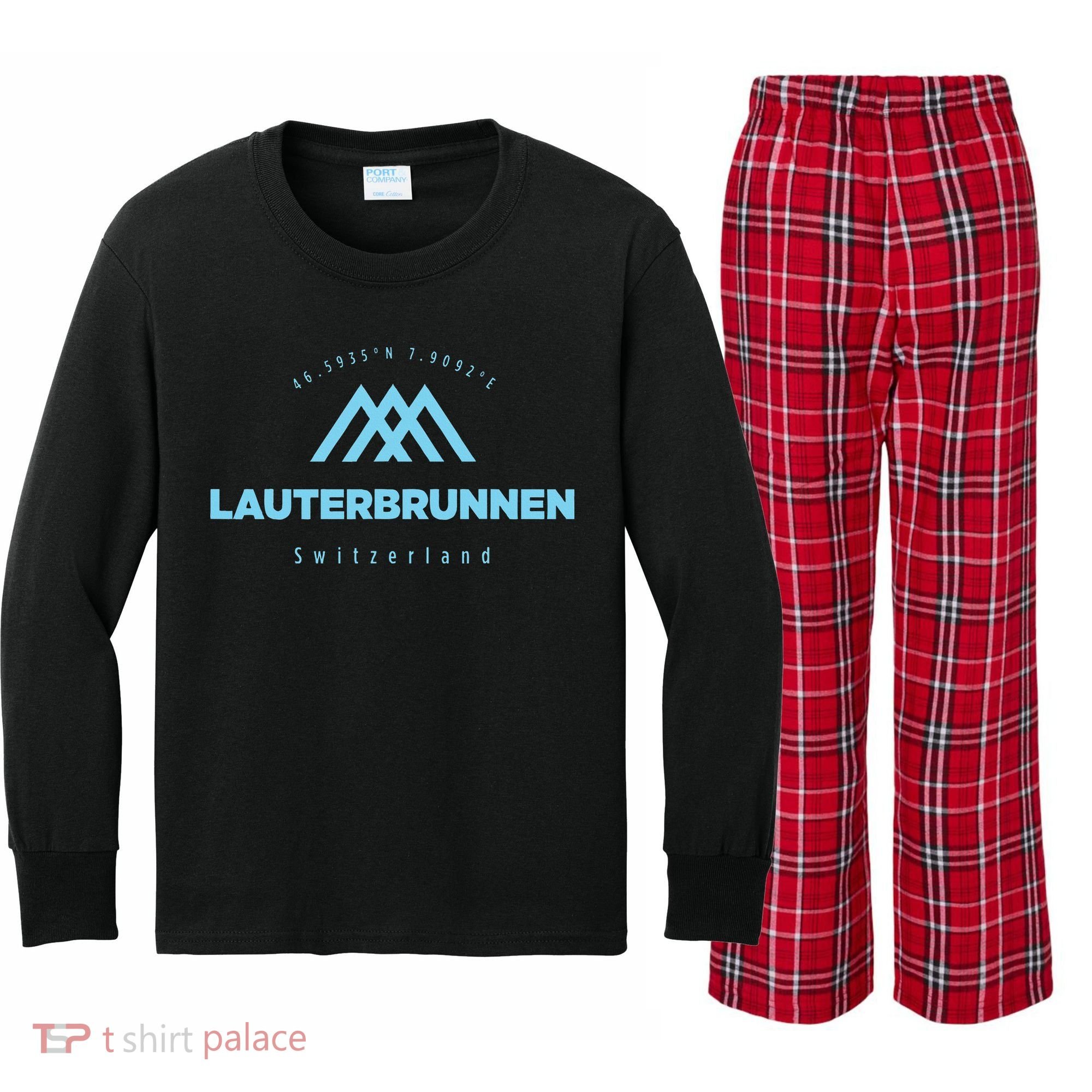 Lauterbrunnen Mountain Vacation Skiing Switzerland Kids Long Sleeve Plaid Pajama Set