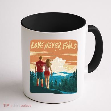 Love Never Fails Sunset Couple Coffee Mug back