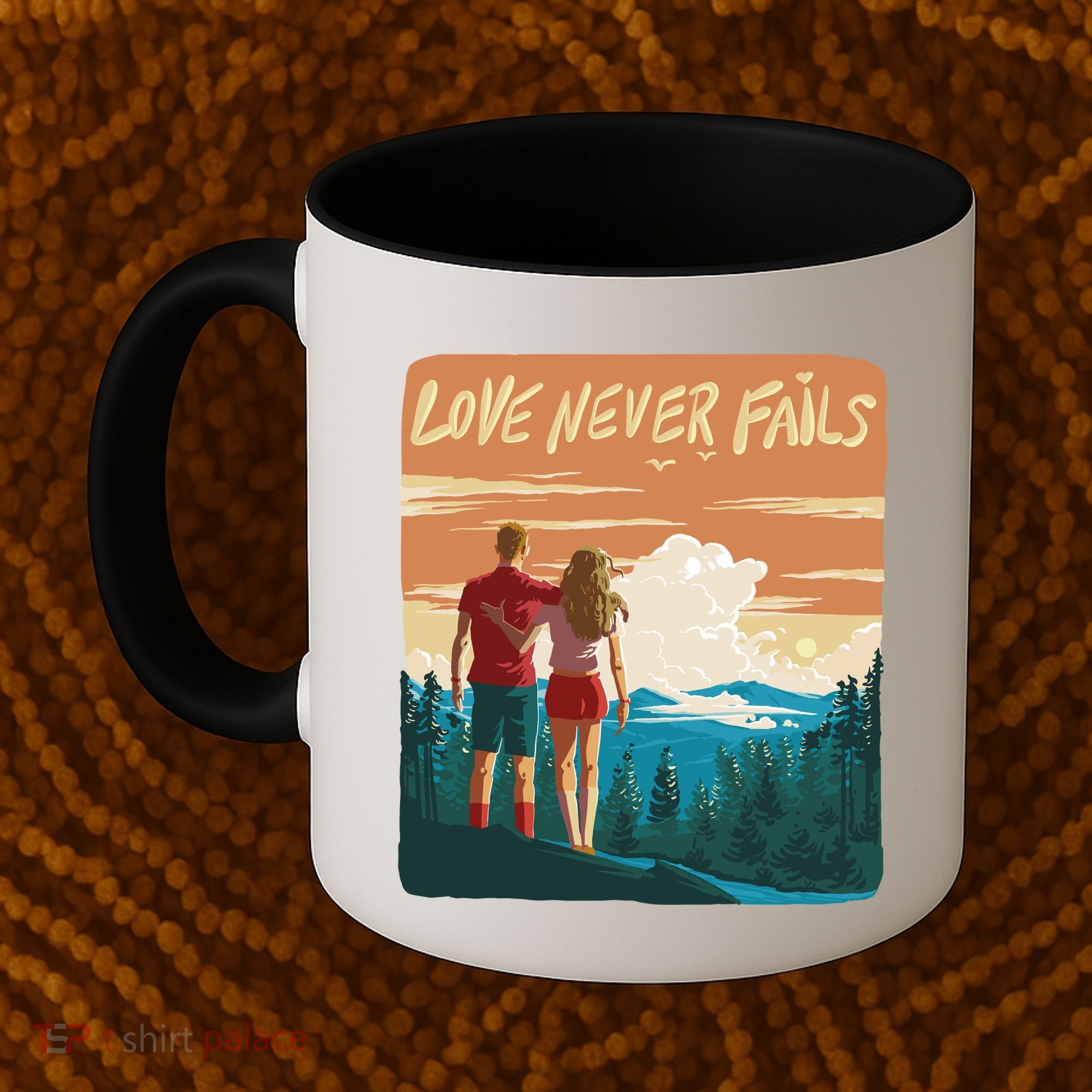 Love Never Fails Sunset Couple Coffee Mug