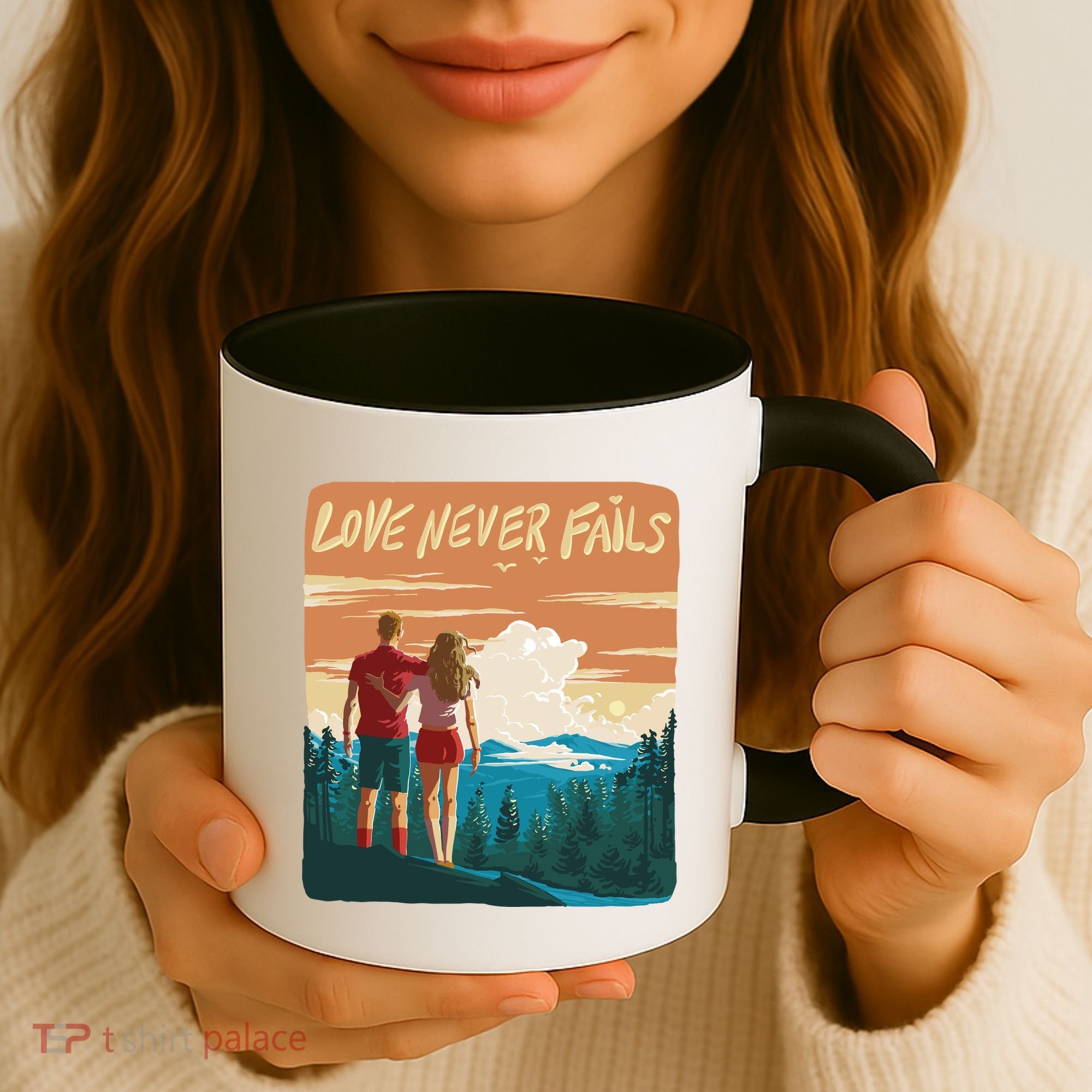 Love Never Fails Sunset Couple Coffee Mug