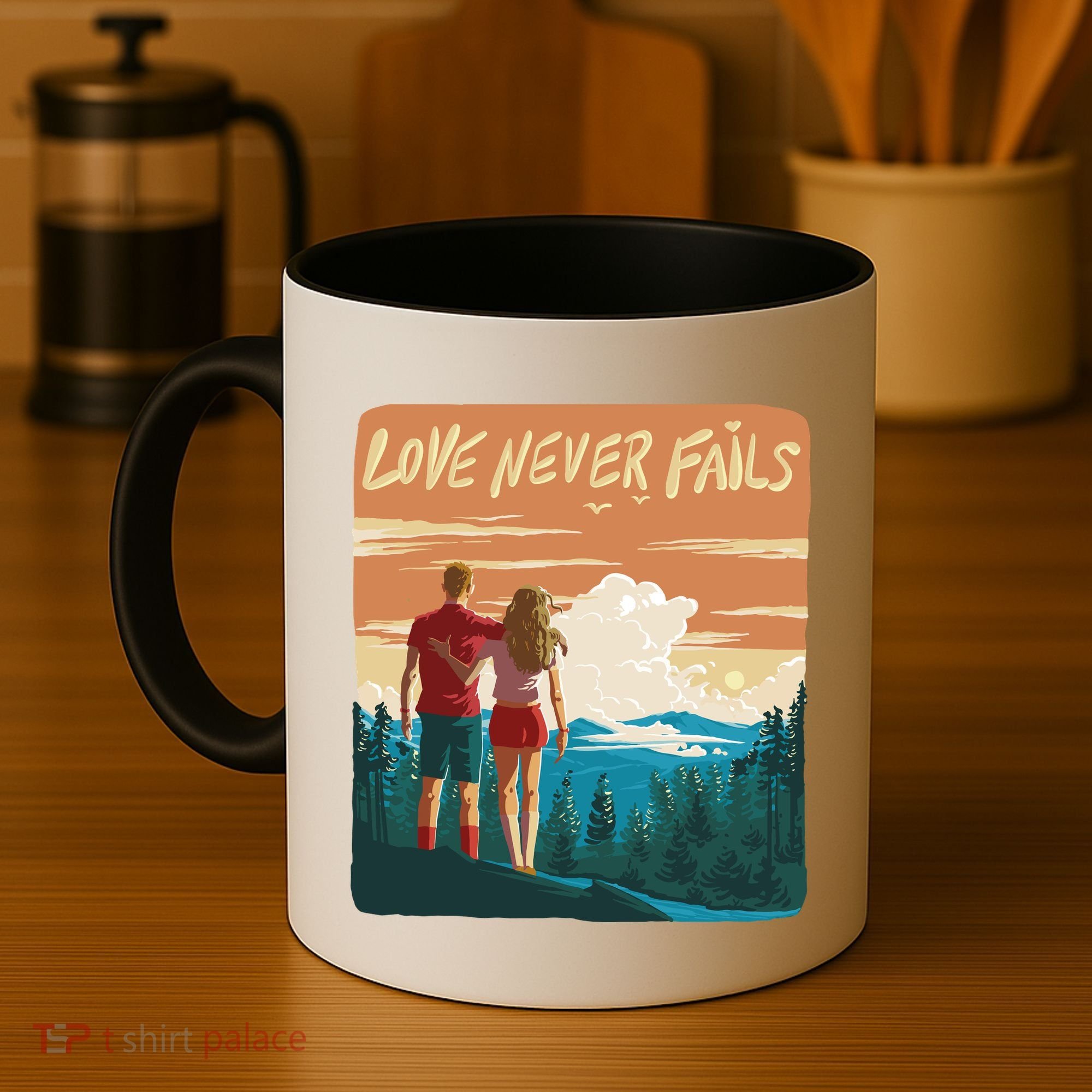 Love Never Fails Sunset Couple Coffee Mug