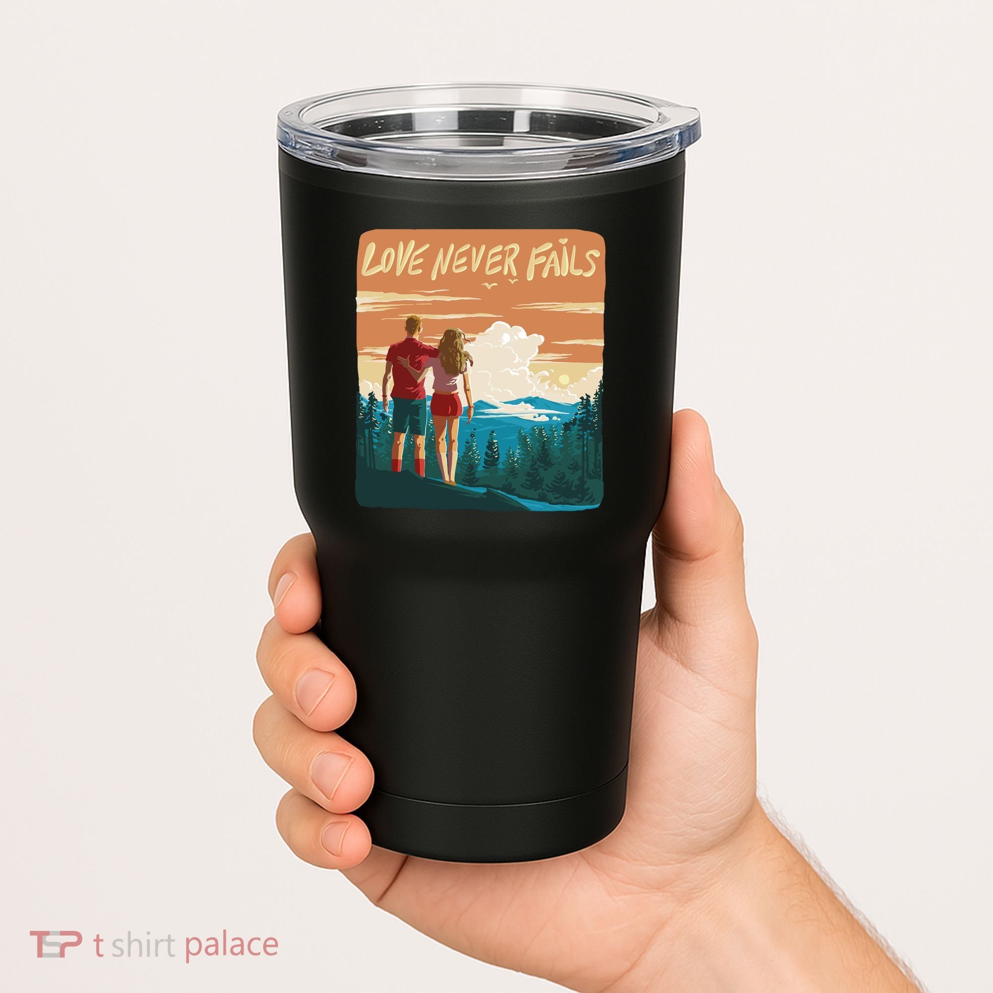 Love Never Fails Sunset Couple Tumbler