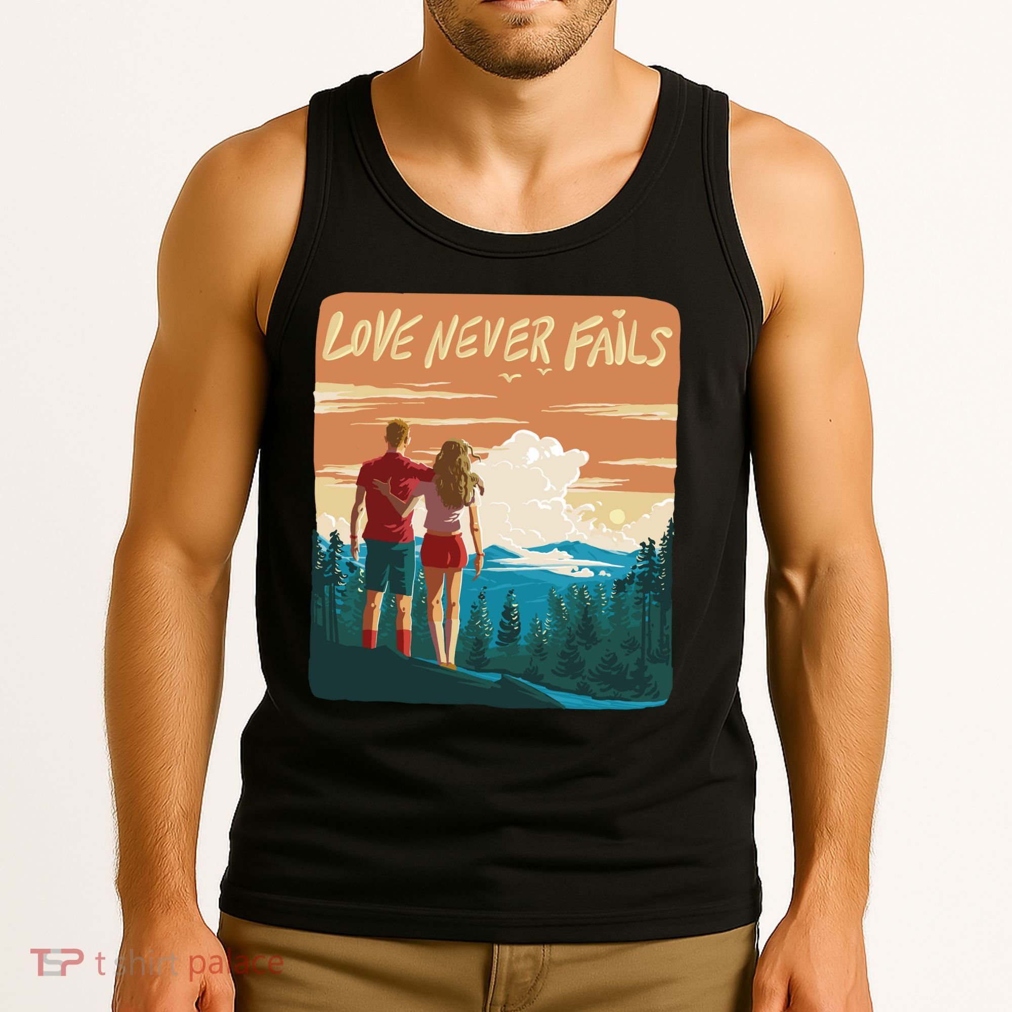 Love Never Fails Sunset Couple Tank Top