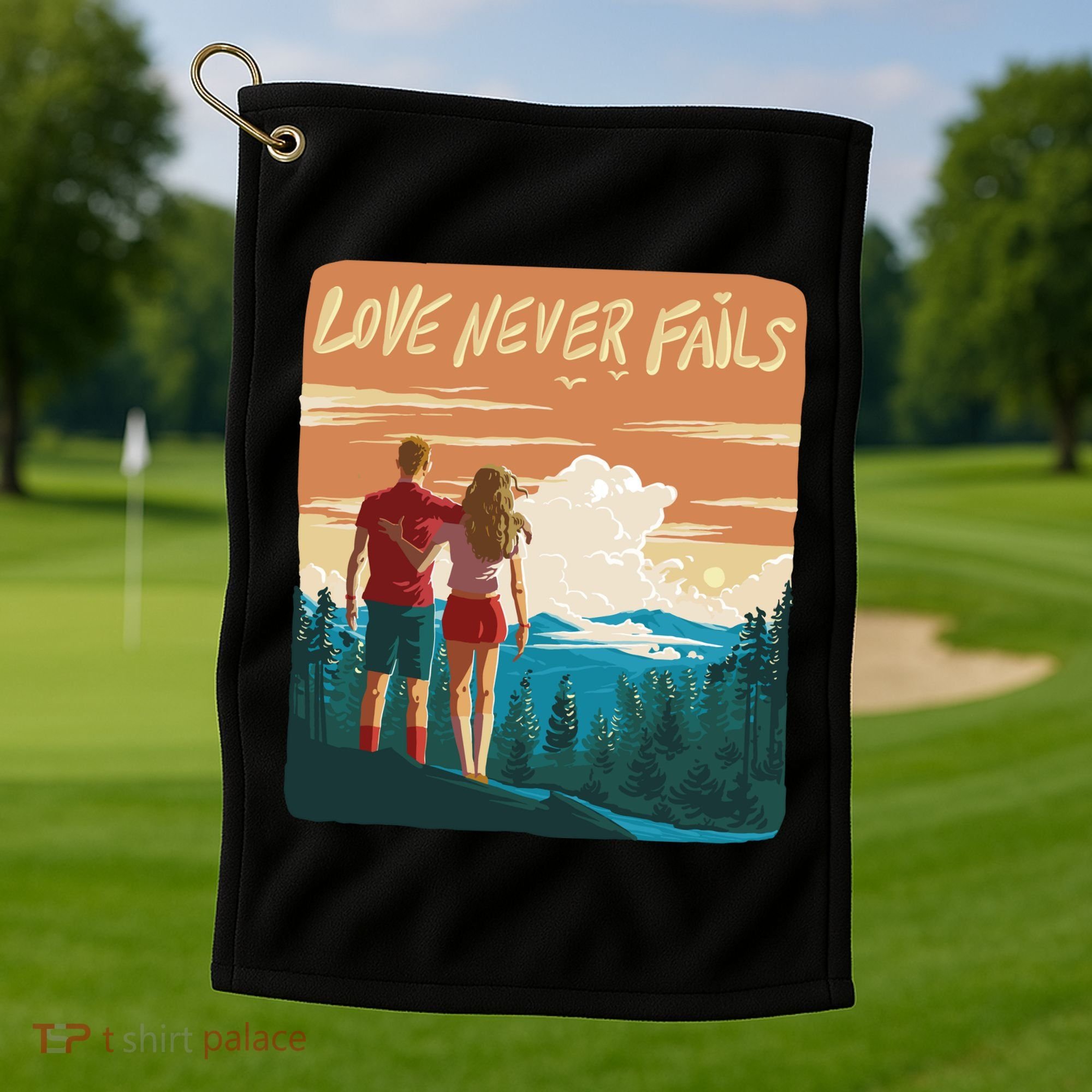 Love Never Fails Sunset Couple Golf Towel