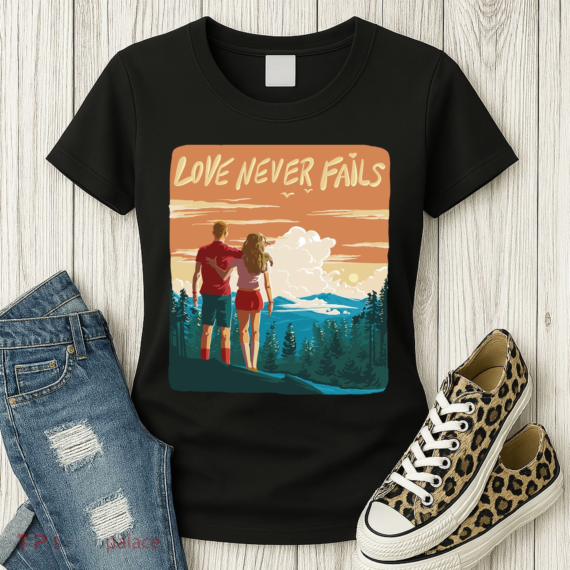 Love Never Fails Sunset Couple Women's T-Shirt