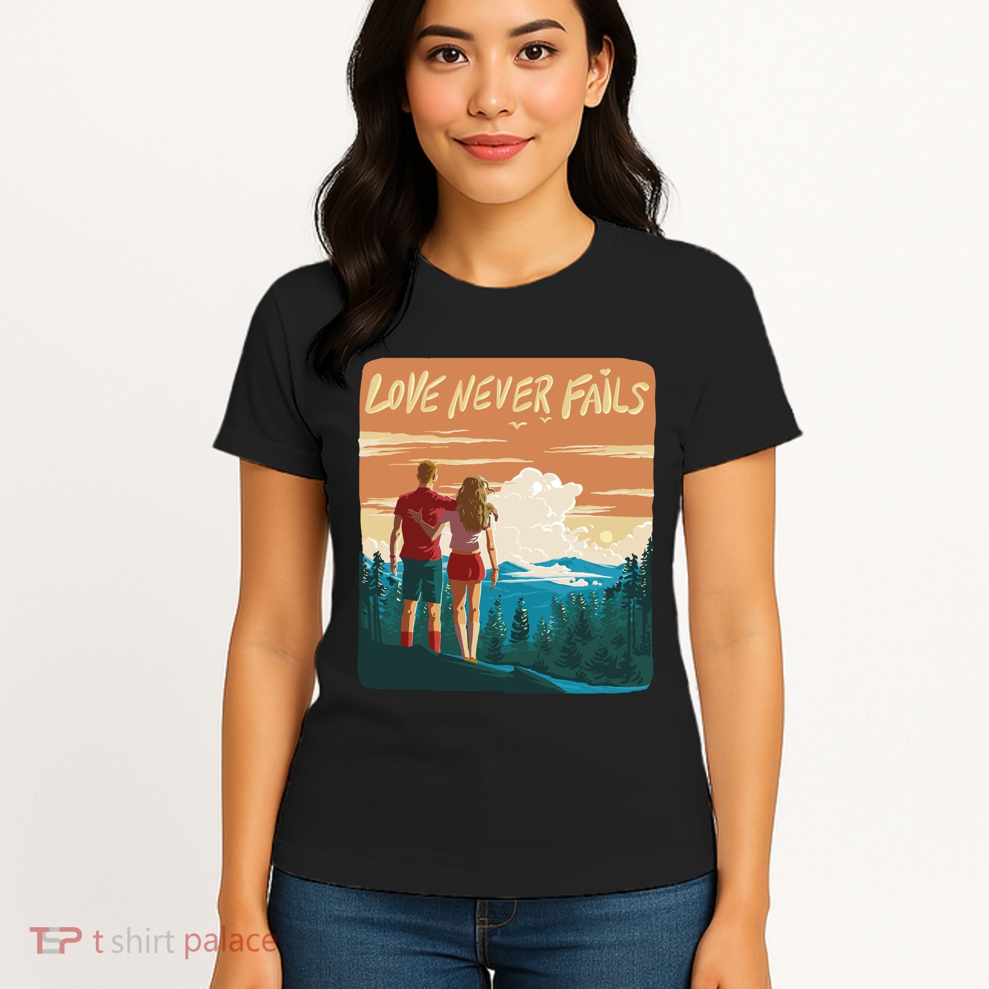 Love Never Fails Sunset Couple Women's T-Shirt