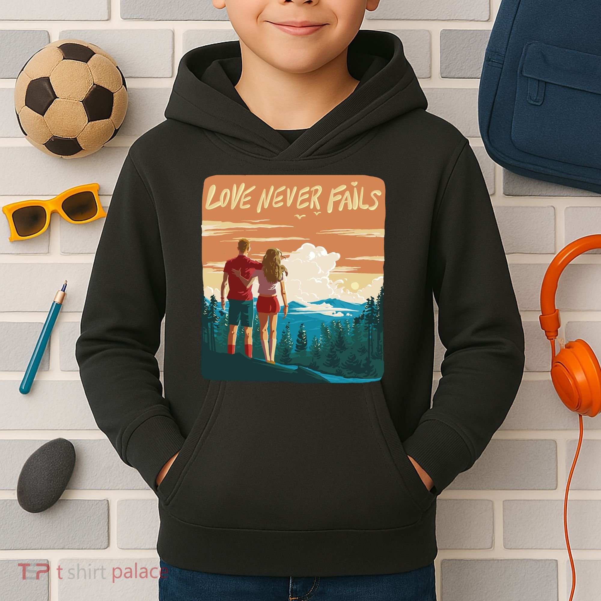 Love Never Fails Sunset Couple Kids Hoodie