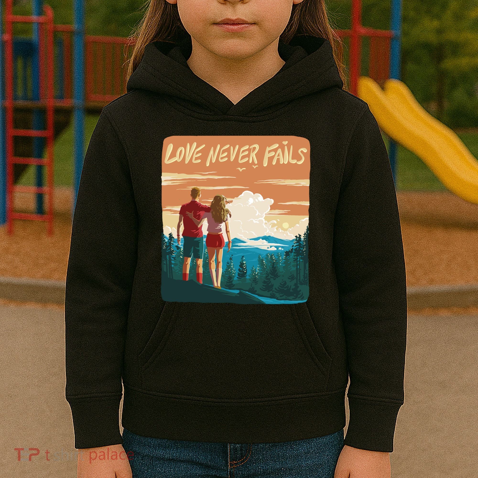 Love Never Fails Sunset Couple Kids Hoodie
