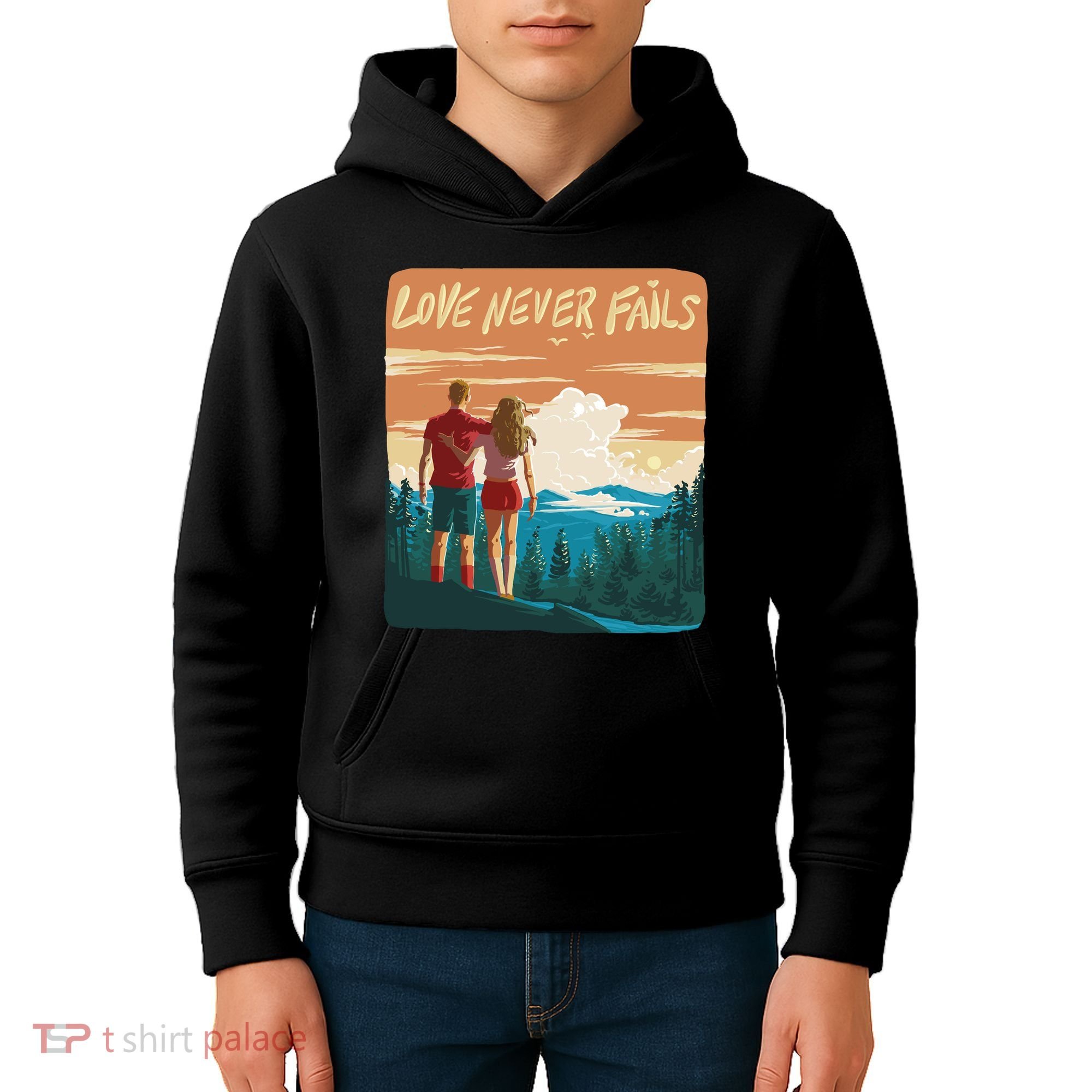 Love Never Fails Sunset Couple Kids Hoodie