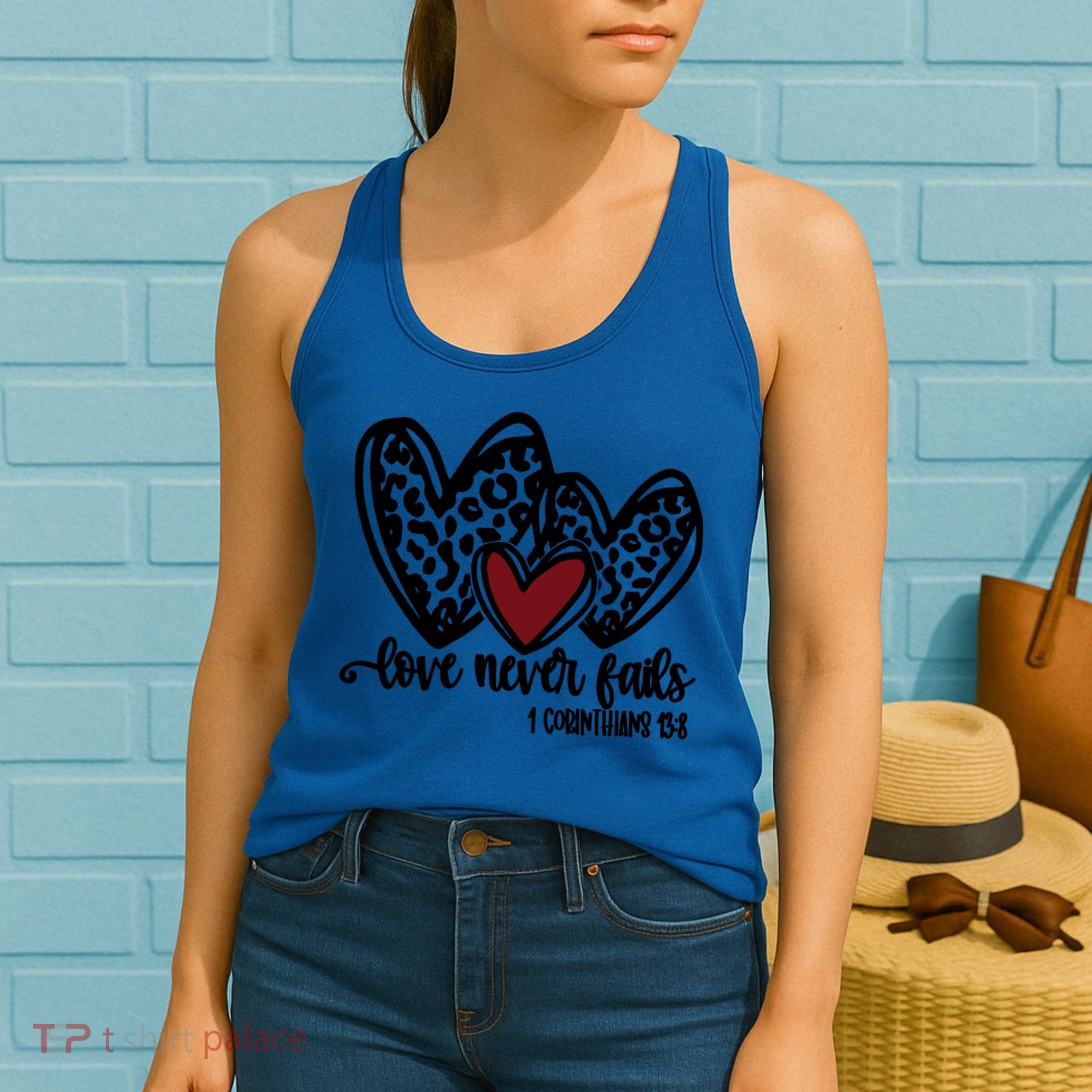 Love Never Fails Valentines Day Couples Tee Leopard Heart Gift Women's Tank Top