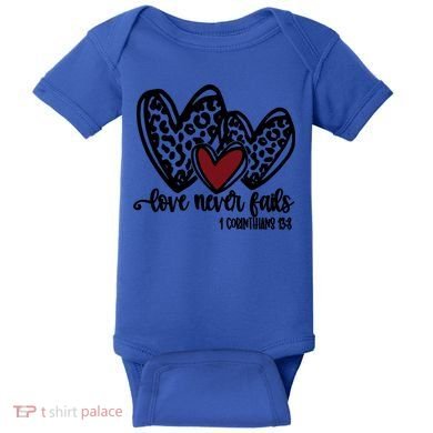 Love Never Fails Valentines Day Couples Tee Leopard Heart Gift Baby Bodysuit