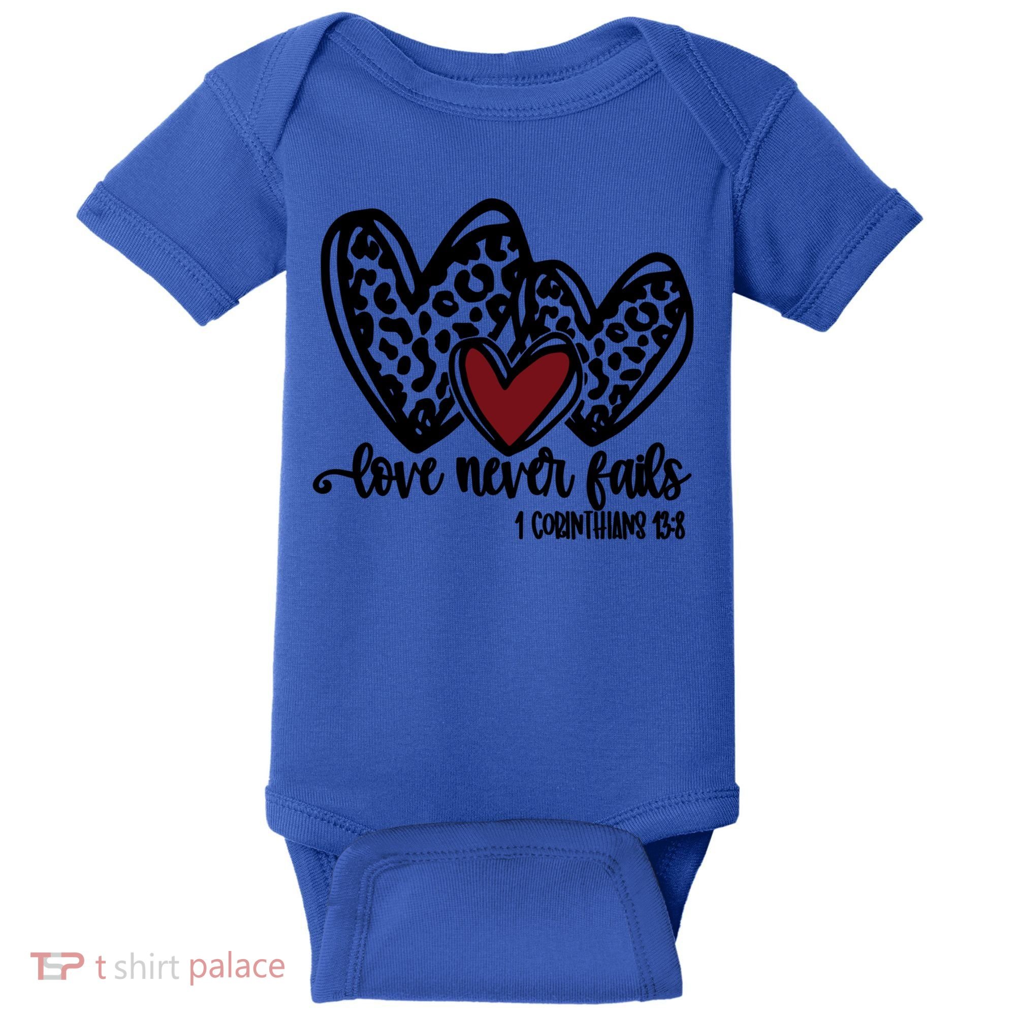 Love Never Fails Valentines Day Couples Tee Leopard Heart Gift Baby Bodysuit