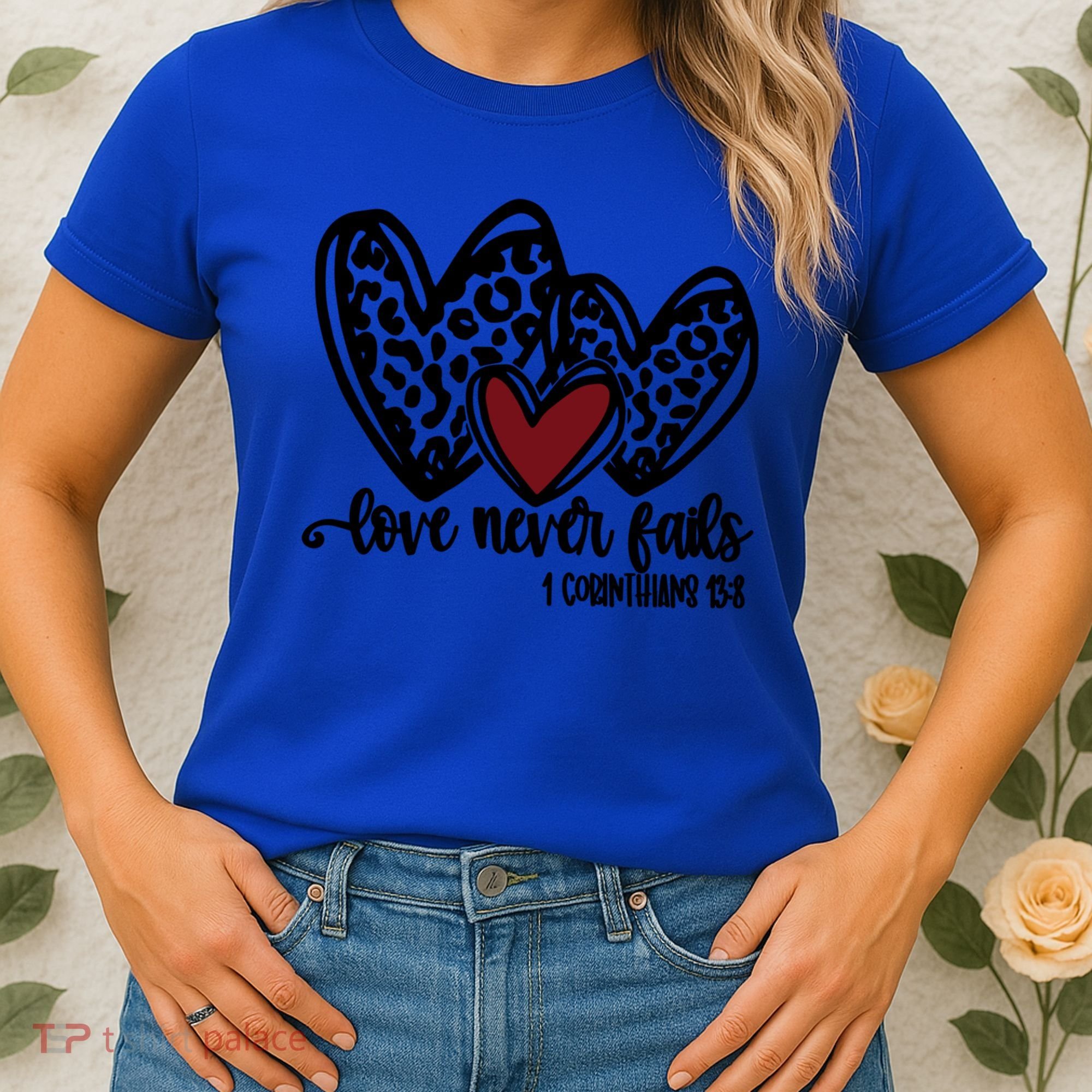 Love Never Fails Valentines Day Couples Tee Leopard Heart Gift Women's T-Shirt